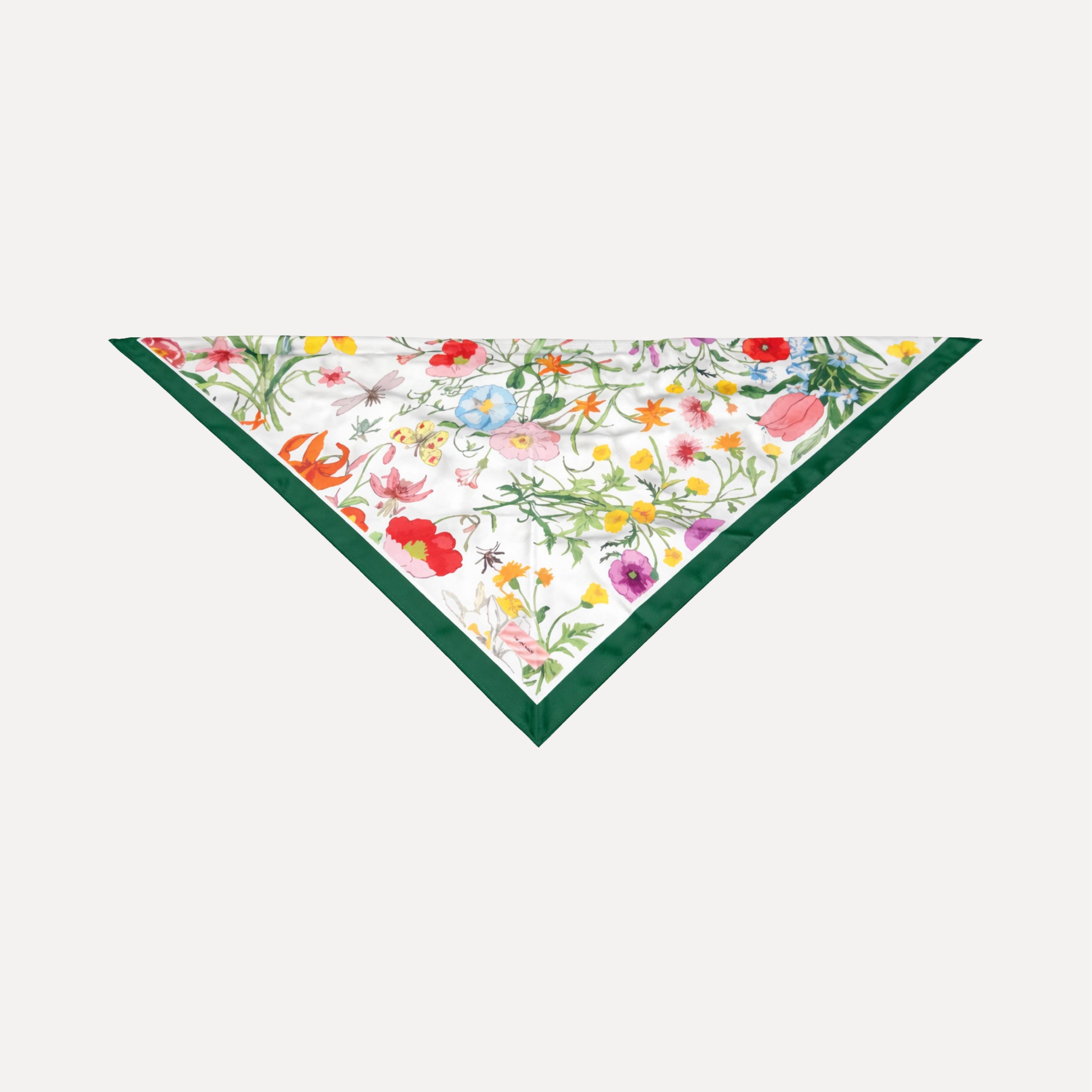 TUK Field Day Silk Scarf with colorful wildflower botanical print and green border, elegant floral headscarf inspired by garden meadow blooms.