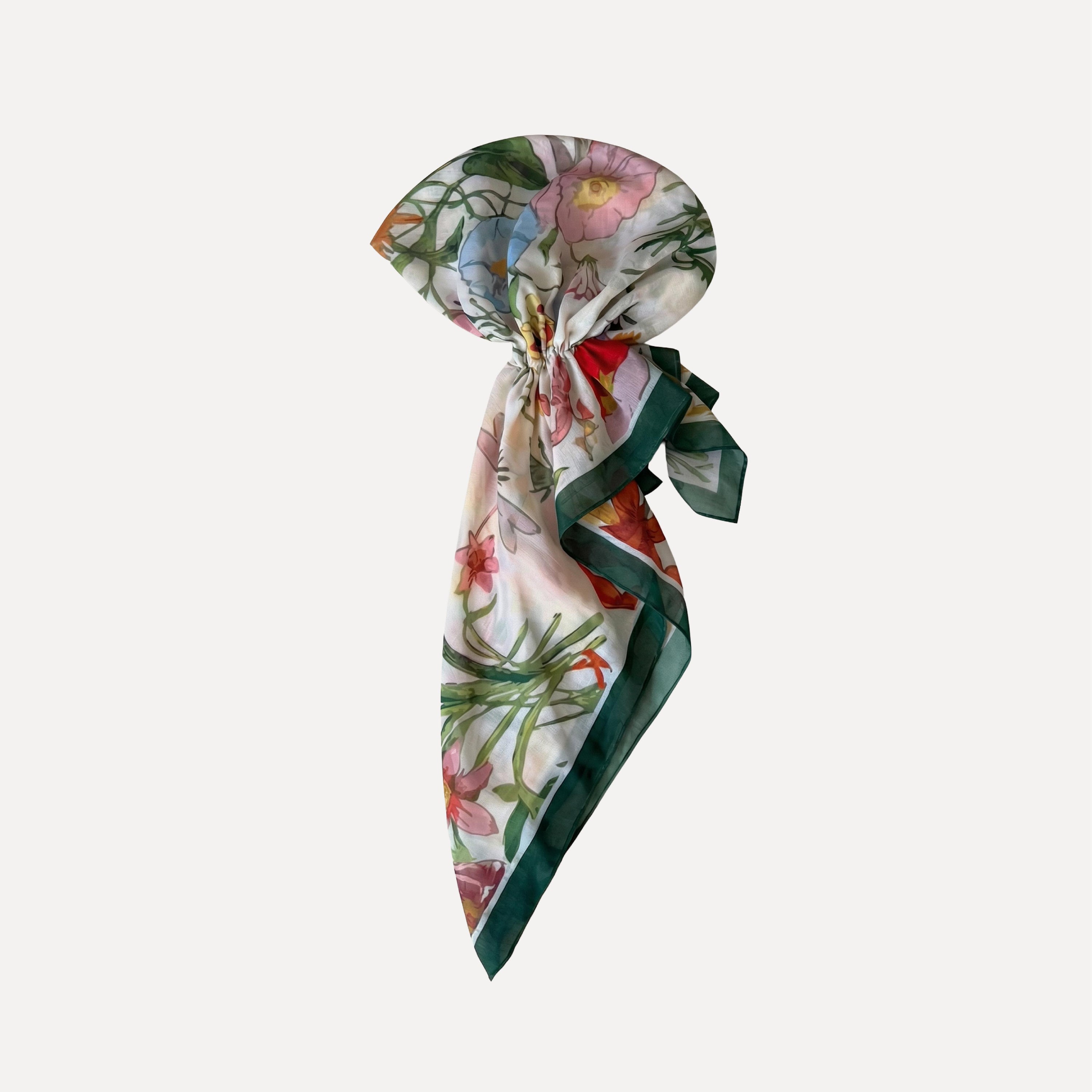 TUK Field Day Pre Tie headscarf with floral print, green trim, and pre-tied knot design lightweight vintage scarf accessory go.