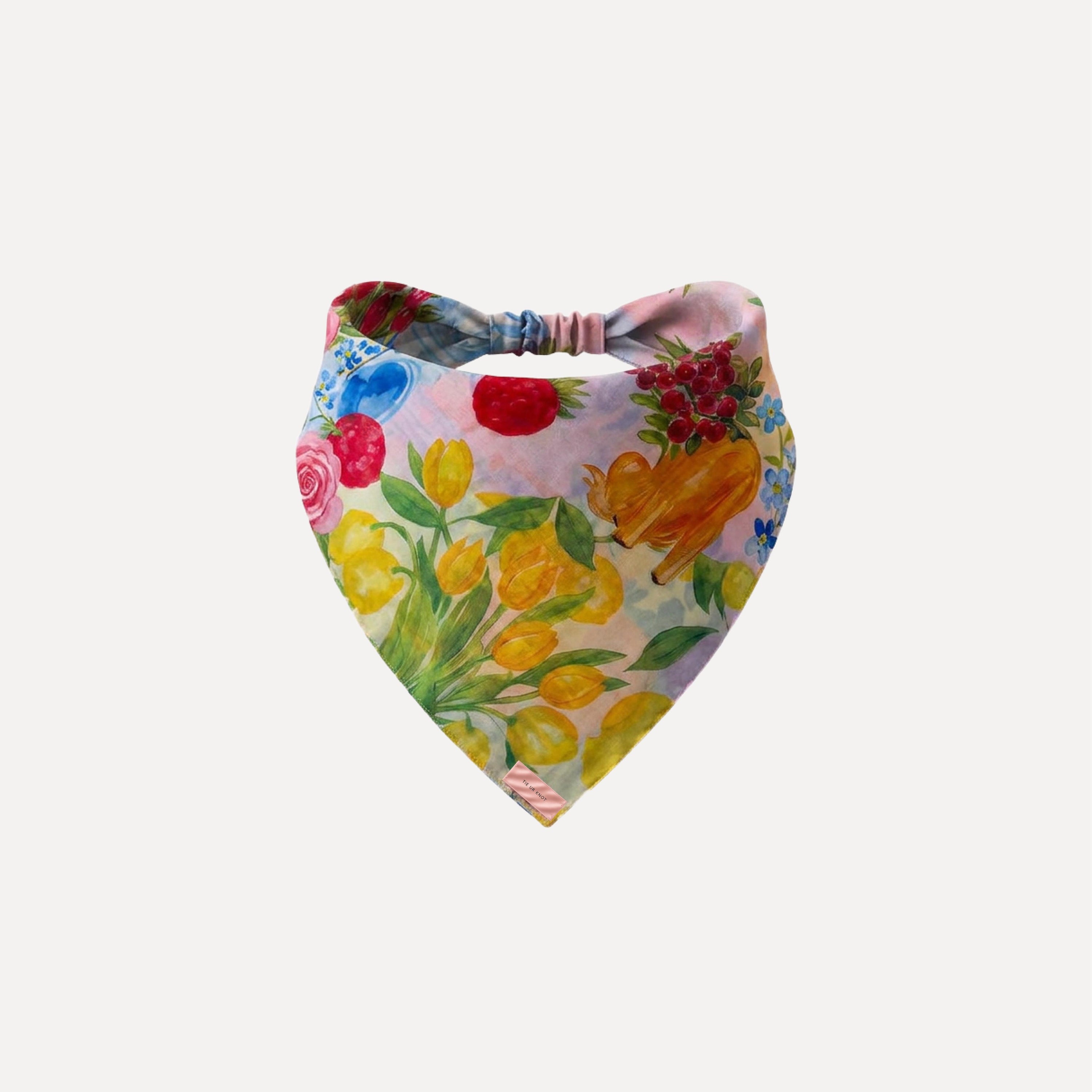 Floral citrus headband bandana with lemons, tulips, and berries in soft pastel watercolor, feminine spring summer hair accessory.