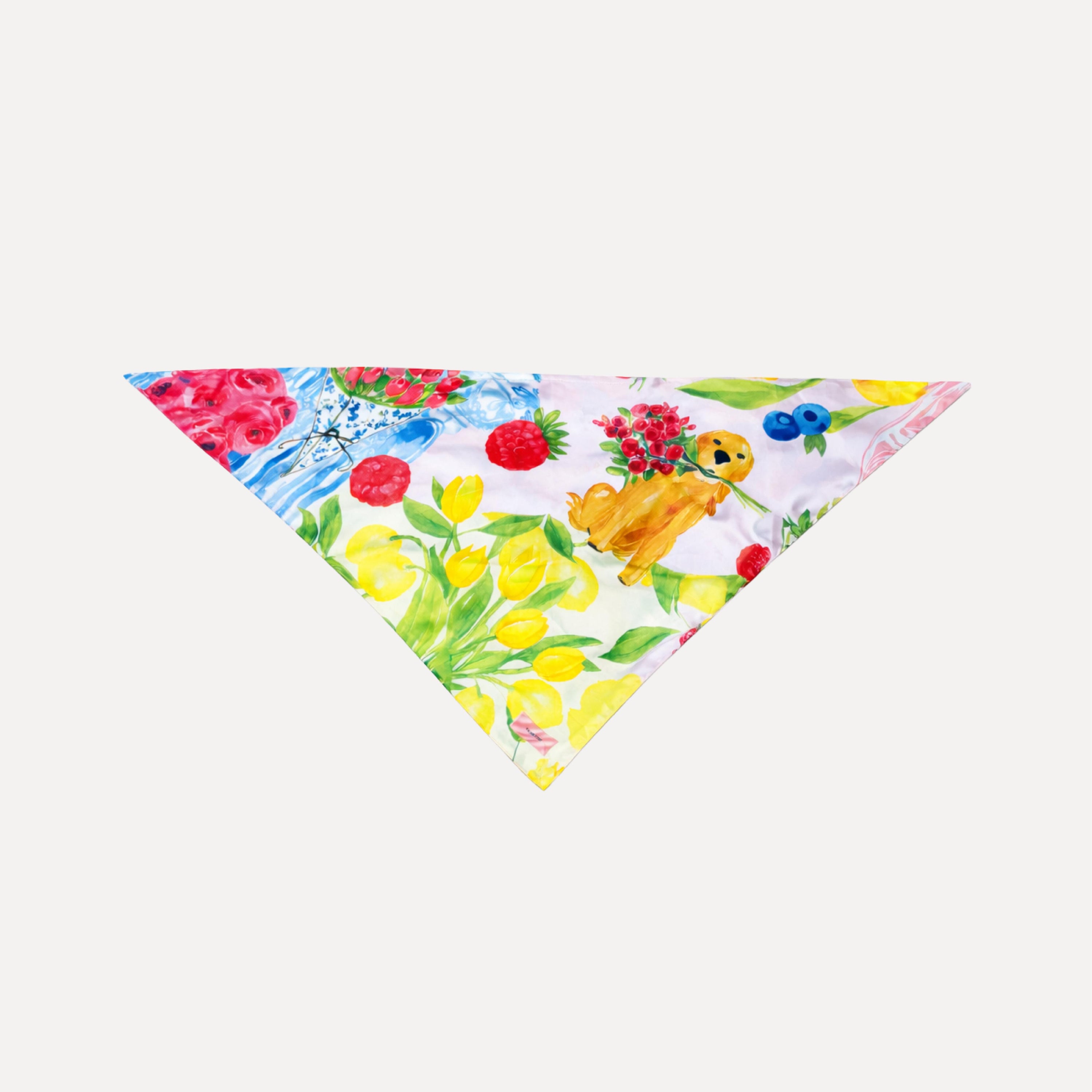 Fleurs & Citrons silk scarf by TUK featuring vibrant floral blooms, lemons, berries, and tulips on a soft white background.