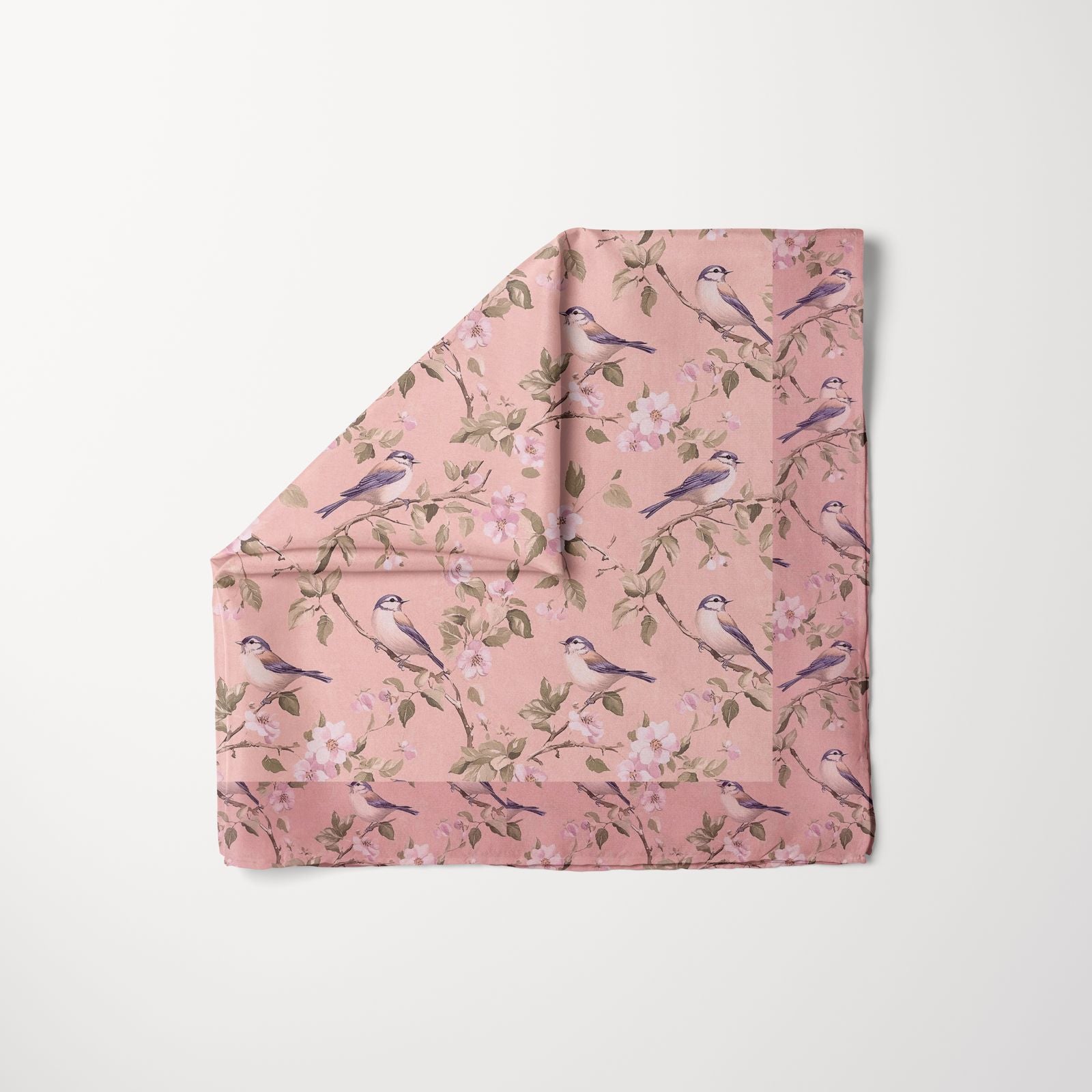 TUK Flight Risk Head Scarf in soft pink with floral and bird print design, stylish lightweight accessory for everyday wear