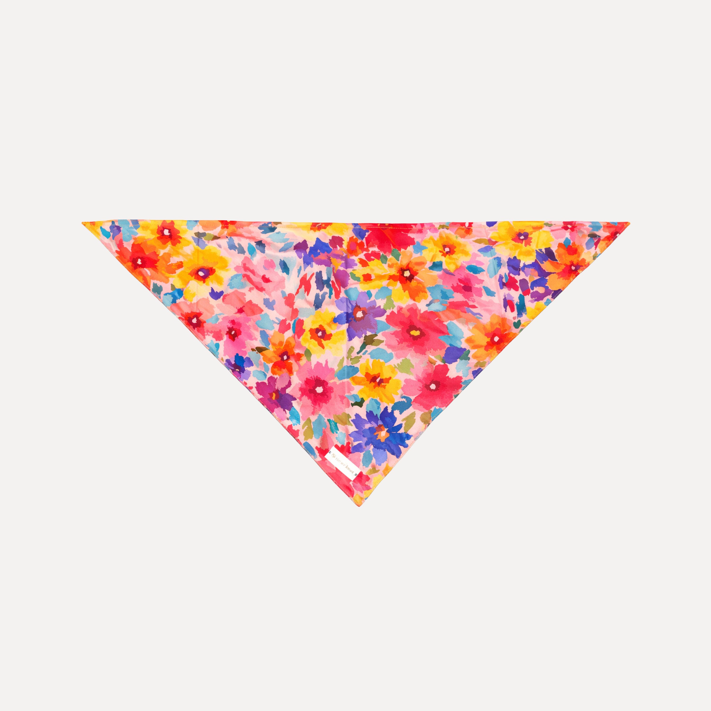 Colorful floral triangle silk scarf by TUK, Flower Hour Silk Scarf with vibrant watercolor flowers, luxury women’s headscarf accessory design.