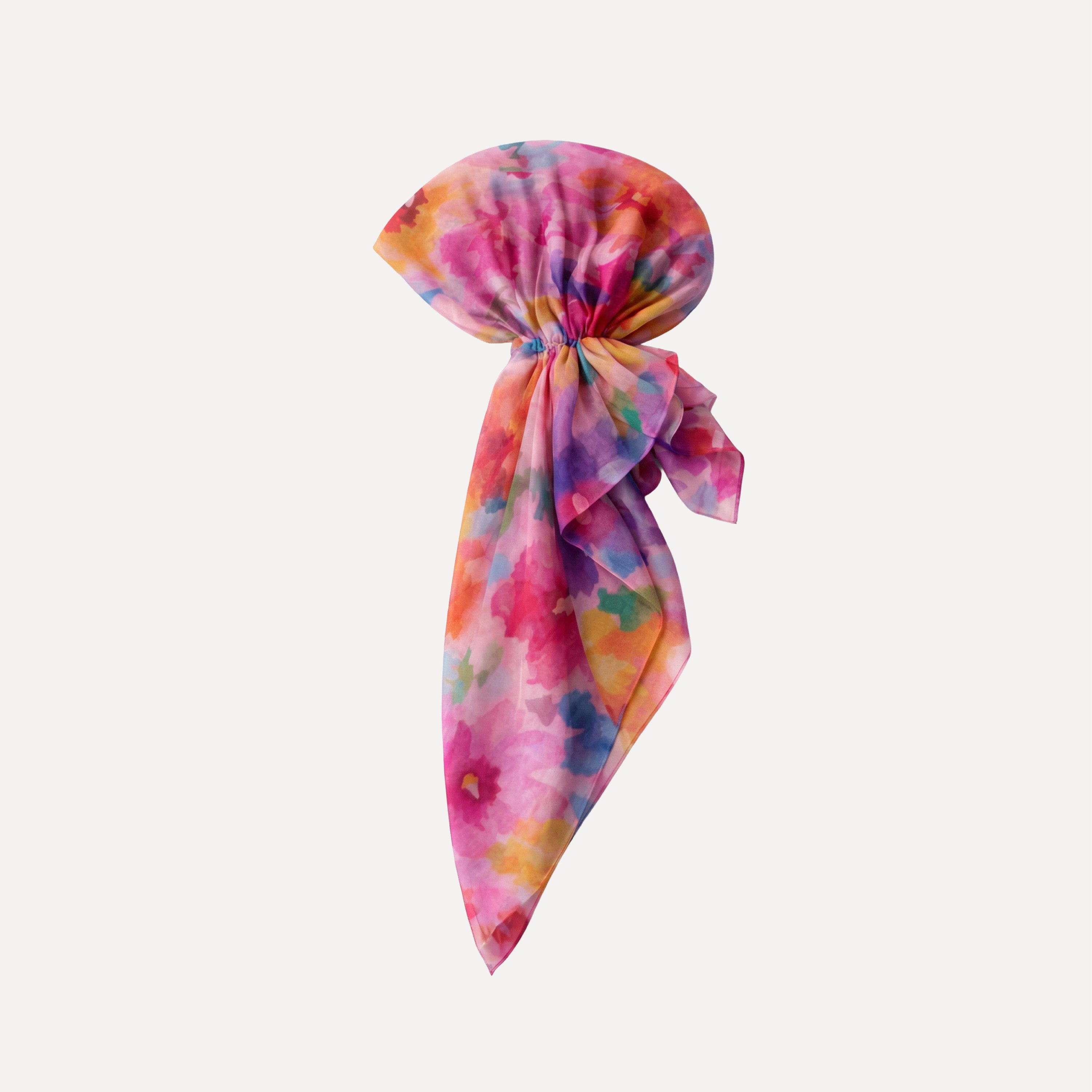 TUK Flower Hour Pre Tie headscarf with watercolor floral print, pre-tied wrap style, vibrant pink, orange and purple design art.