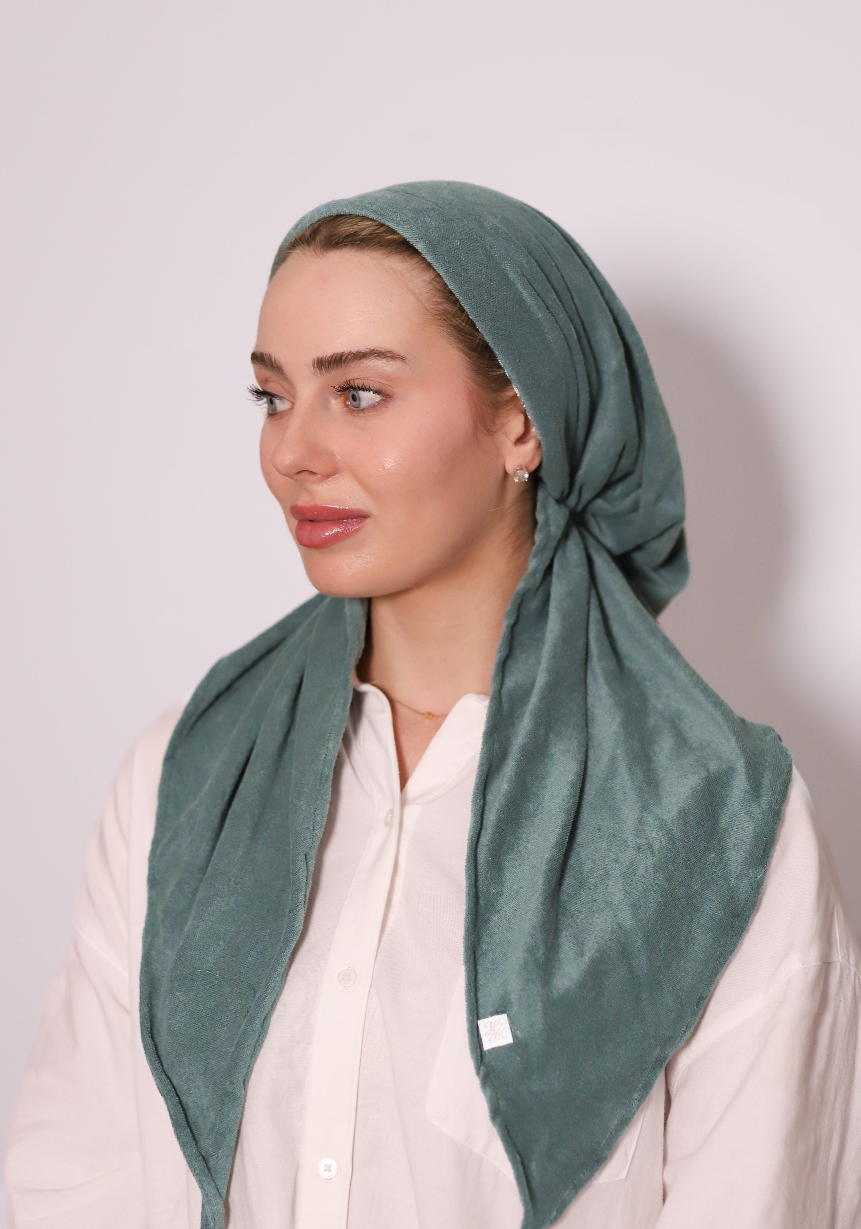 Forest Green Terry Head Scarf by TUK in soft absorbent terry fabric, stylish modest head covering for everyday comfort and wear