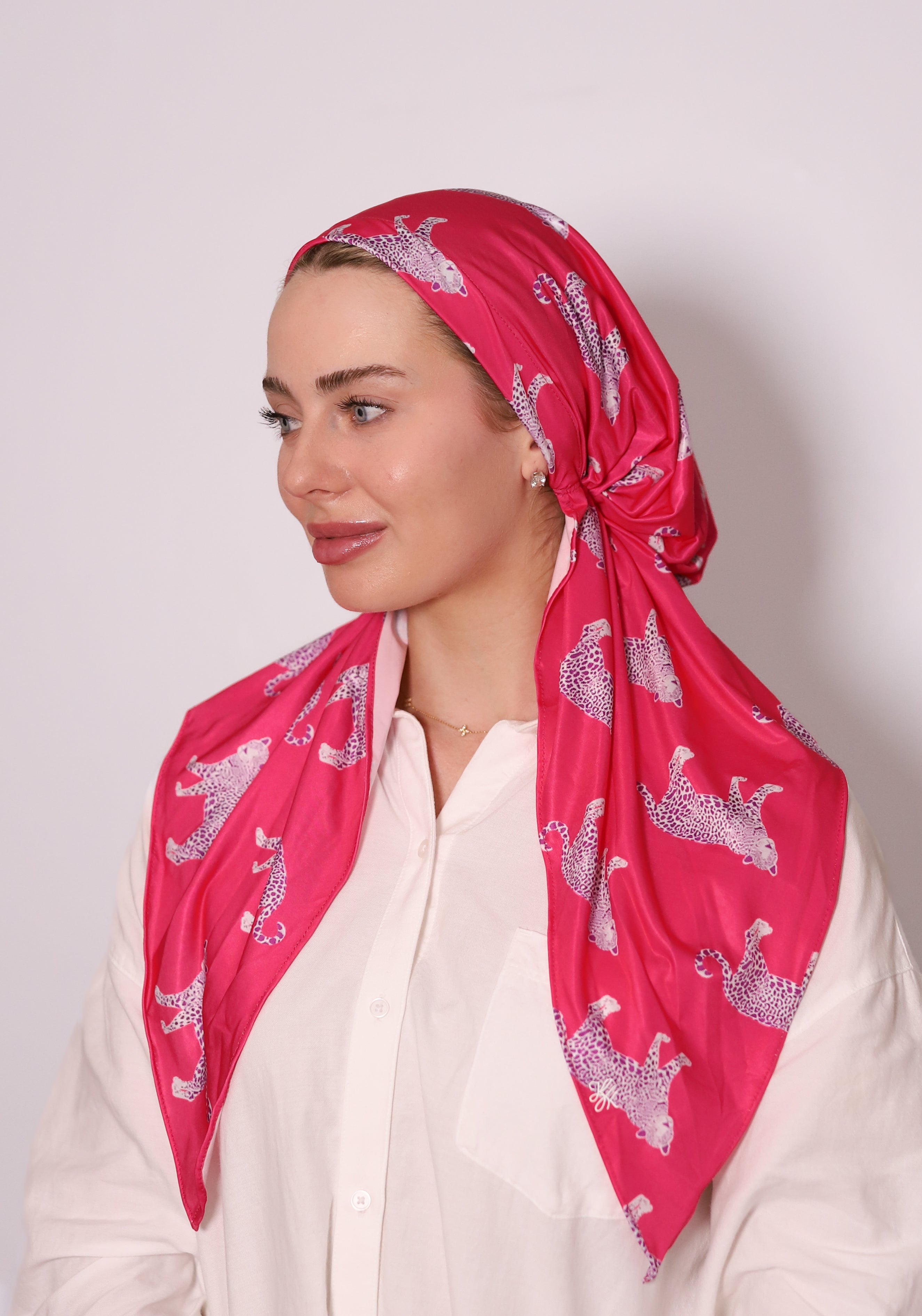 Fuchsia Swim Head Scarf by TUK in vibrant pink with leopard print, silky quick-dry fabric, stylish full-coverage swimwear.