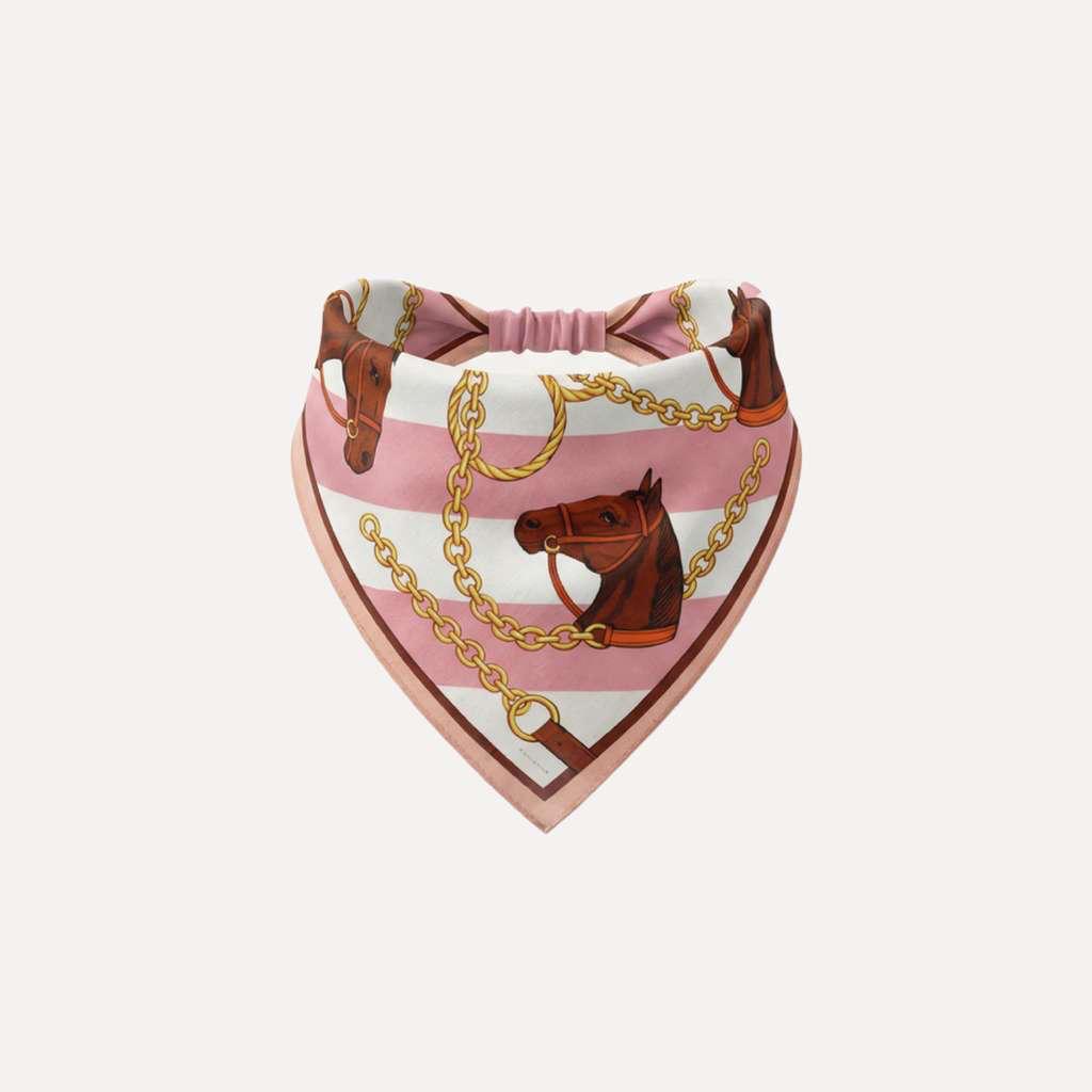 Pink striped bandana headband with horse heads and gold chain print, elegant equestrian Giddy Up Gorgeous silk style design.
