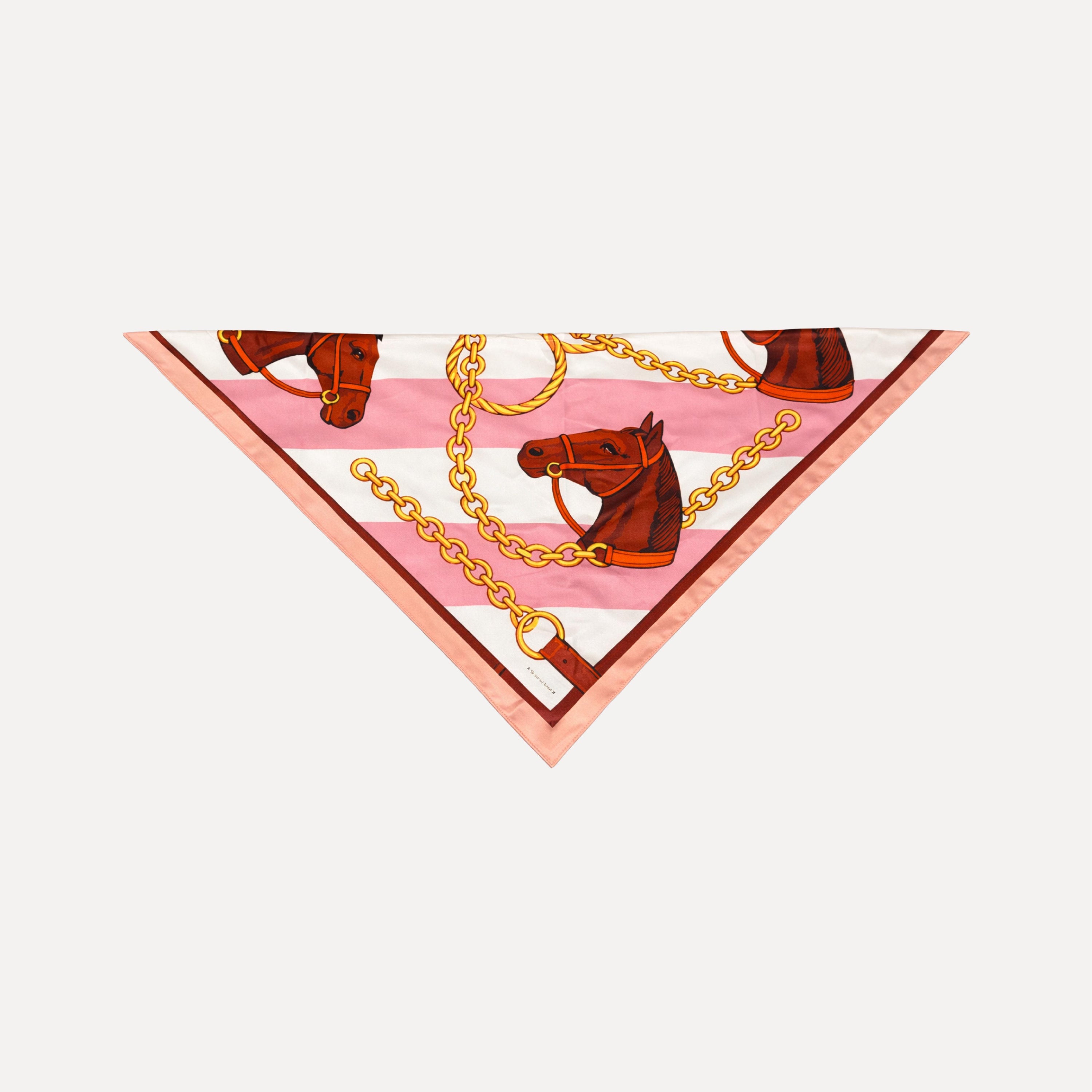 Pink silk headscarf with horse and chain print, TUK Giddy Up Gorgeous silk scarf, luxury square scarf, elegant equestrian fashion accessory.