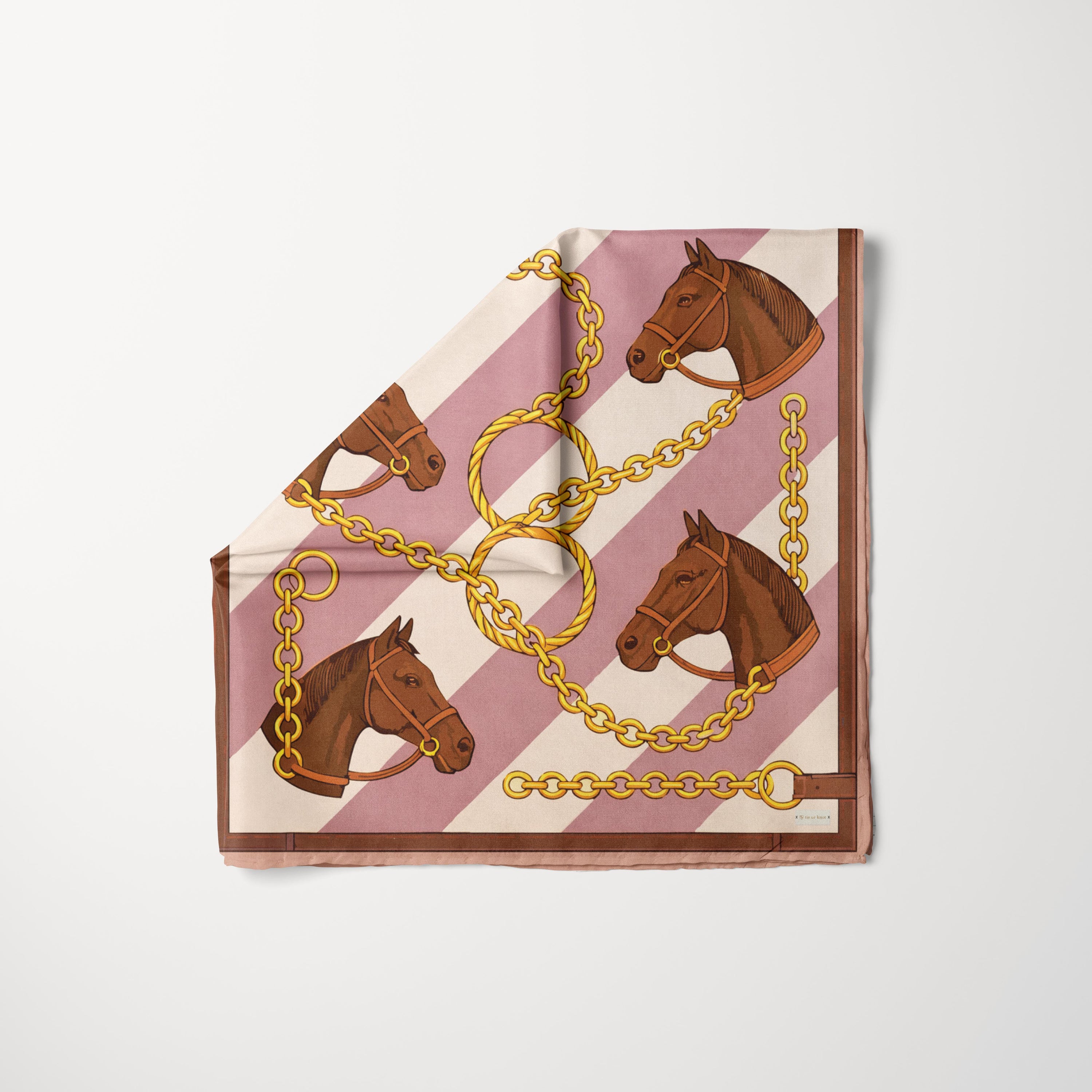 TUK Giddy Up Gorgeous Head Scarf with horse and chain print, pink striped silk scarf featuring elegant equestrian design.