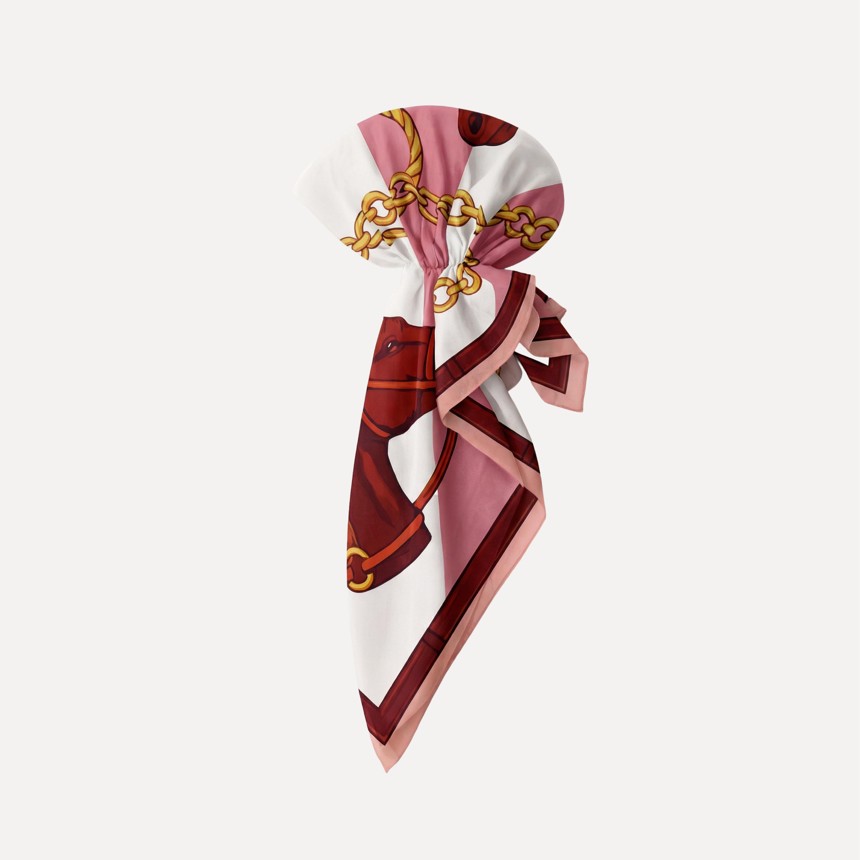 TUK Giddy Up Gorgeous Pre Tie headscarf with pink, white and red chain print, pre-tied hair scarf accessory for retro fashion.