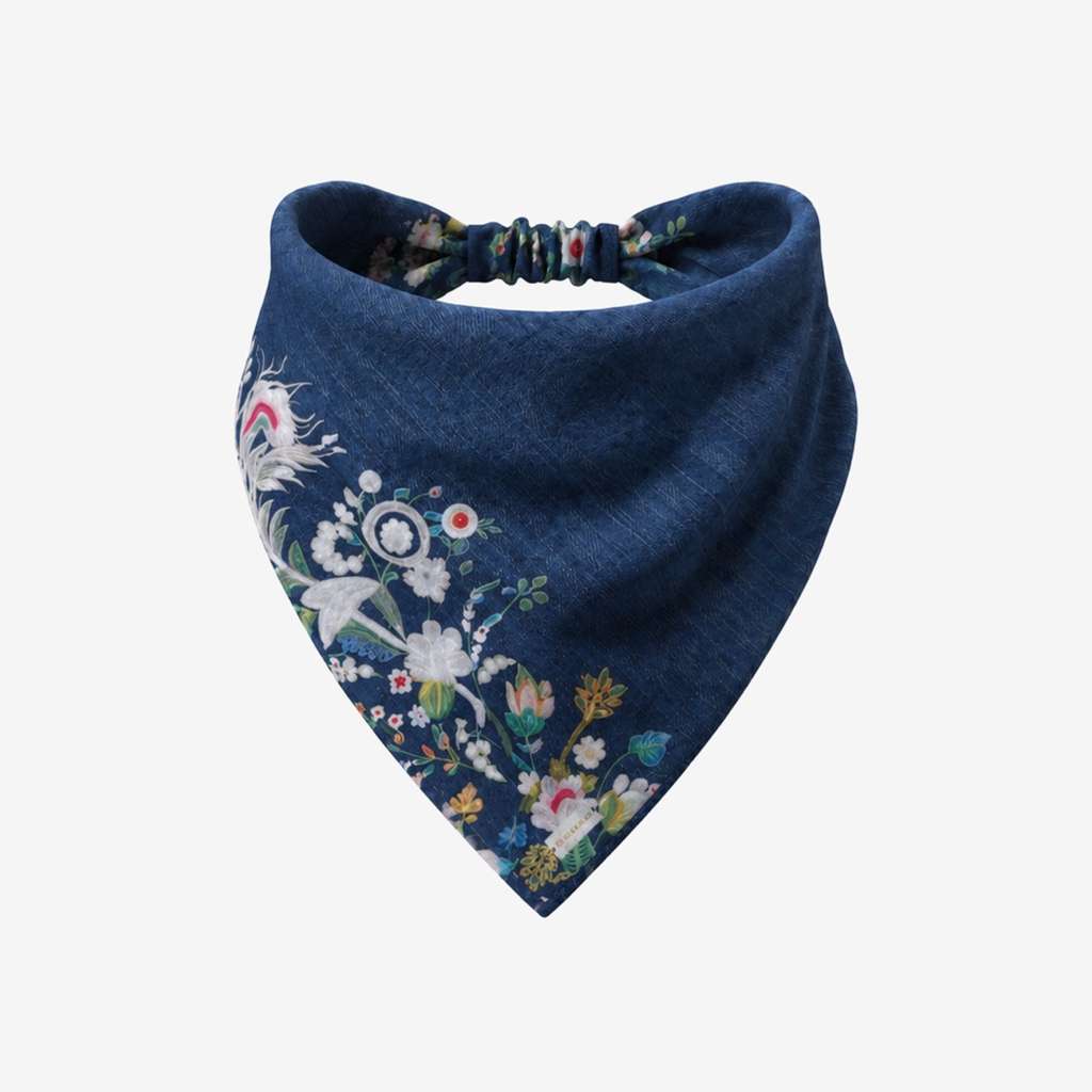 TUK Good Genes Headband Bandana in navy denim-look fabric with intricate floral print and a comfortable elasticated back.