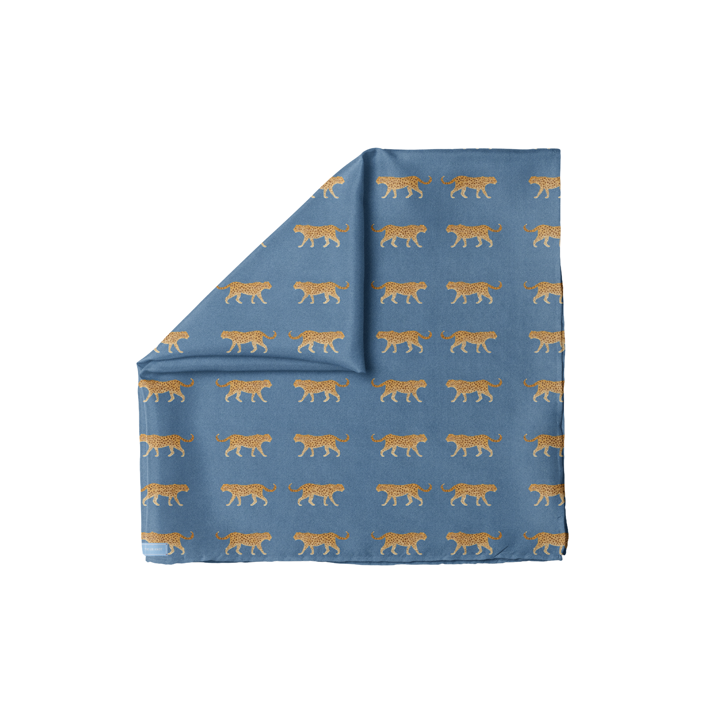 Blue Haute Pursuit head scarf by TUK featuring repeating gold leopard pattern, stylish luxury animal print accessory.