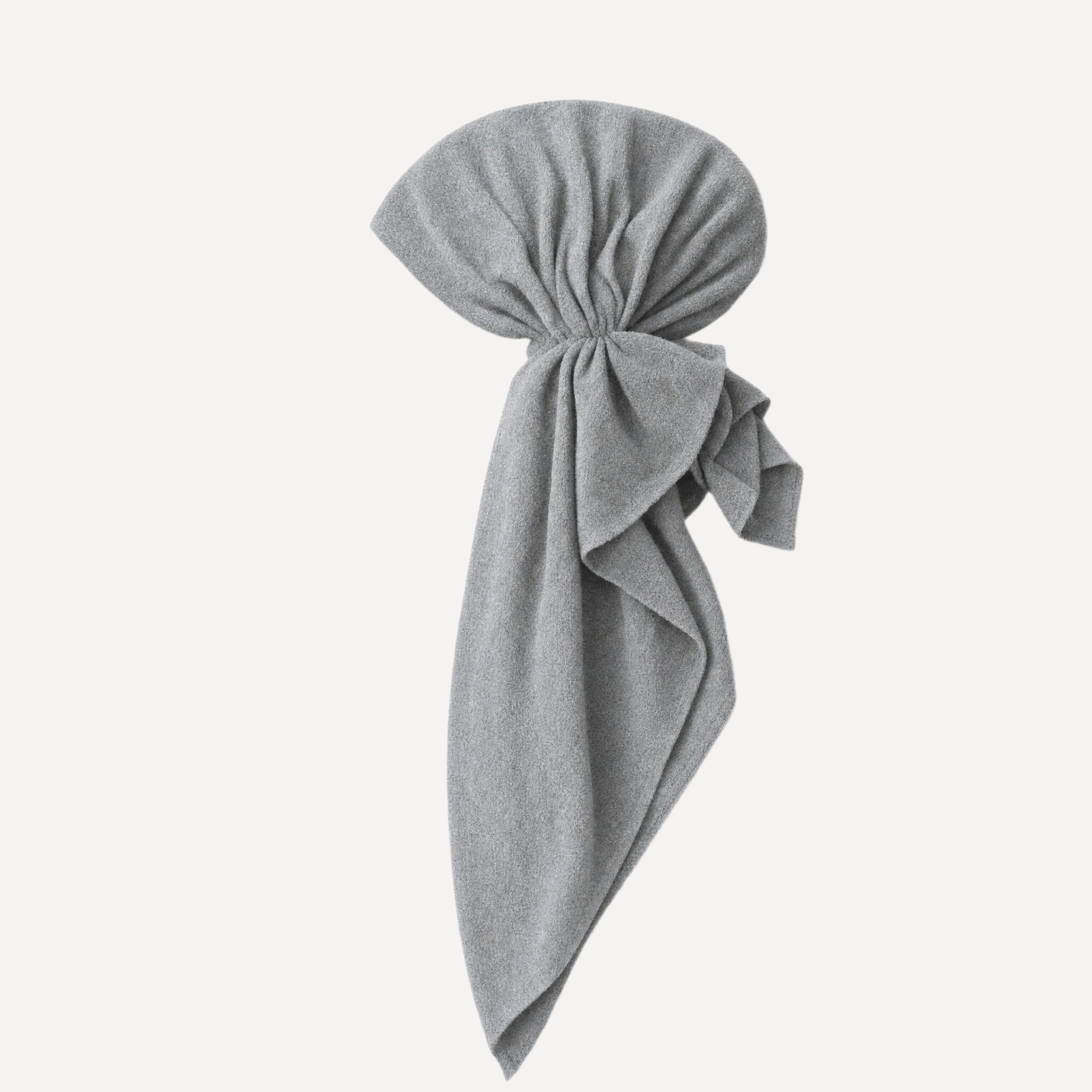 Heather Gray Terry Head Scarf with oversized gathered bow detail in ultra-soft textured fabric for a chic modern look.