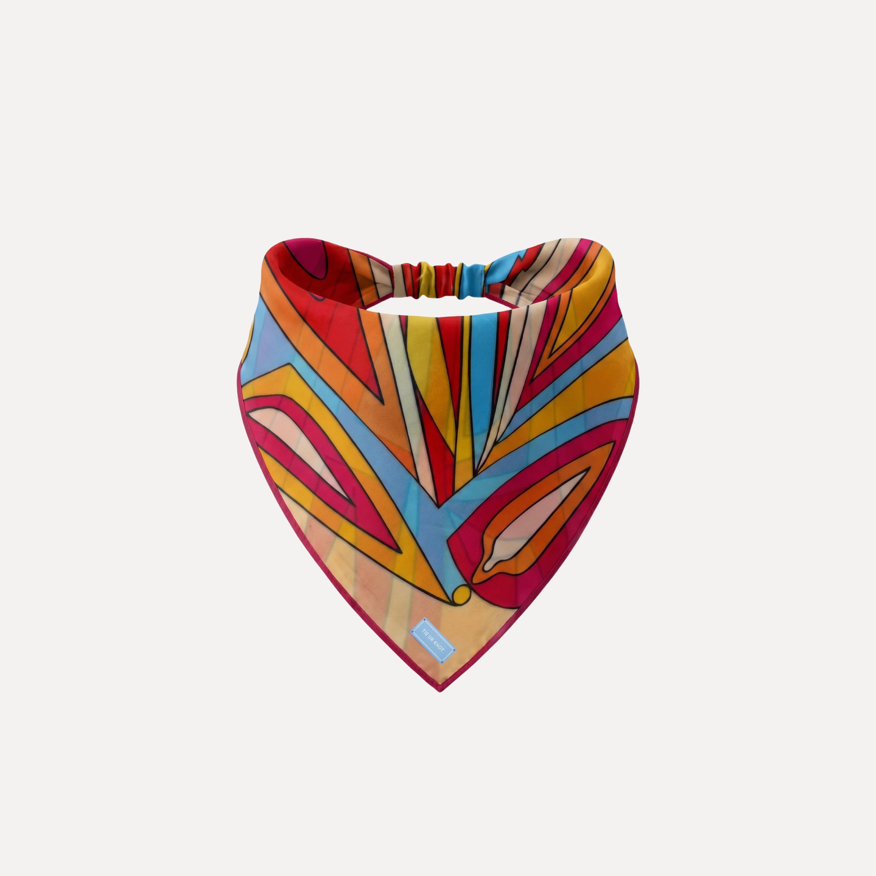 Colorful geometric Hot Line Headband Bandana by TUK, vibrant silk style with bold red, blue, yellow lines and abstract design.
