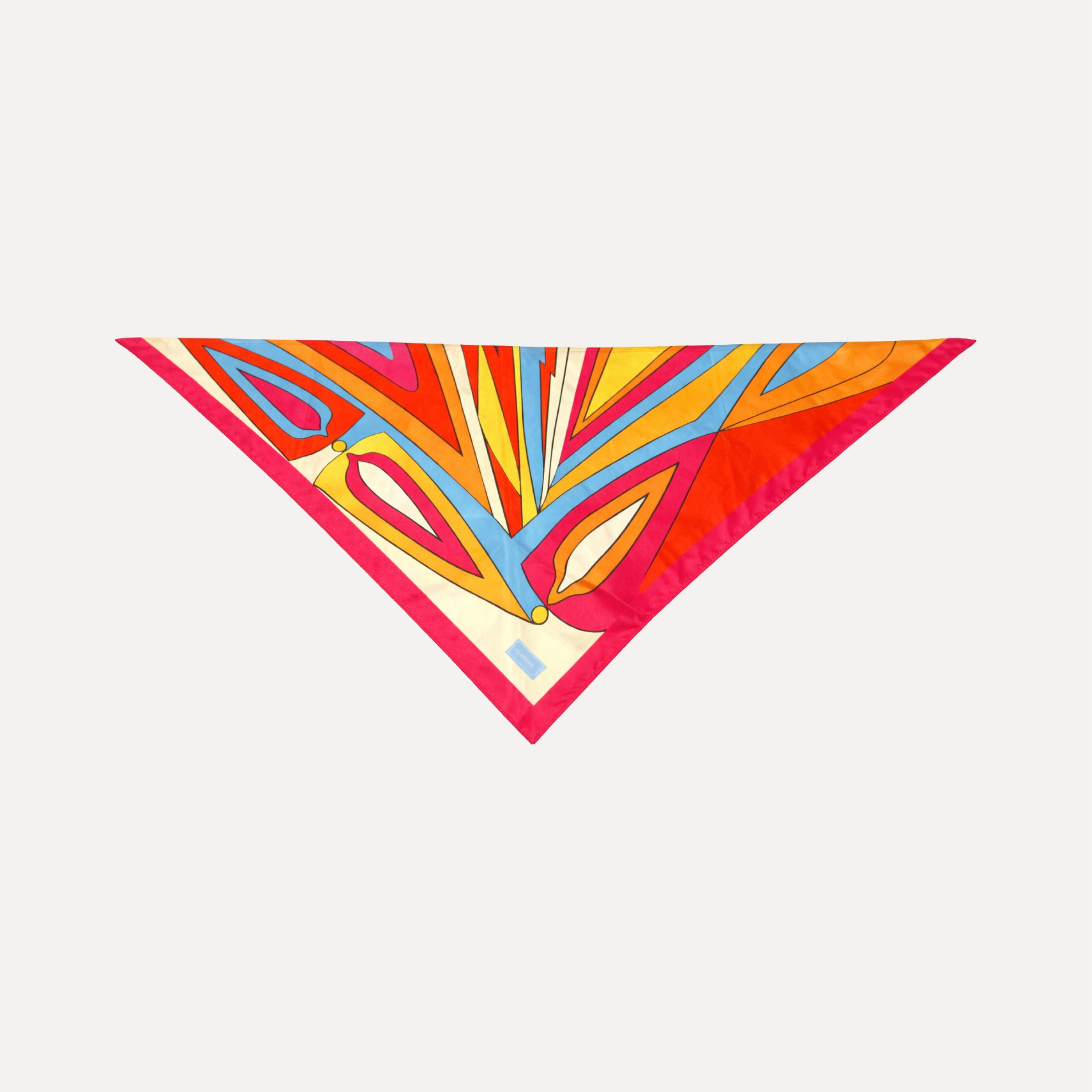 Hot Line Silk Scarf by TUK featuring bold geometric lines in vibrant red, orange, pink, and blue on a luxurious silk square design.