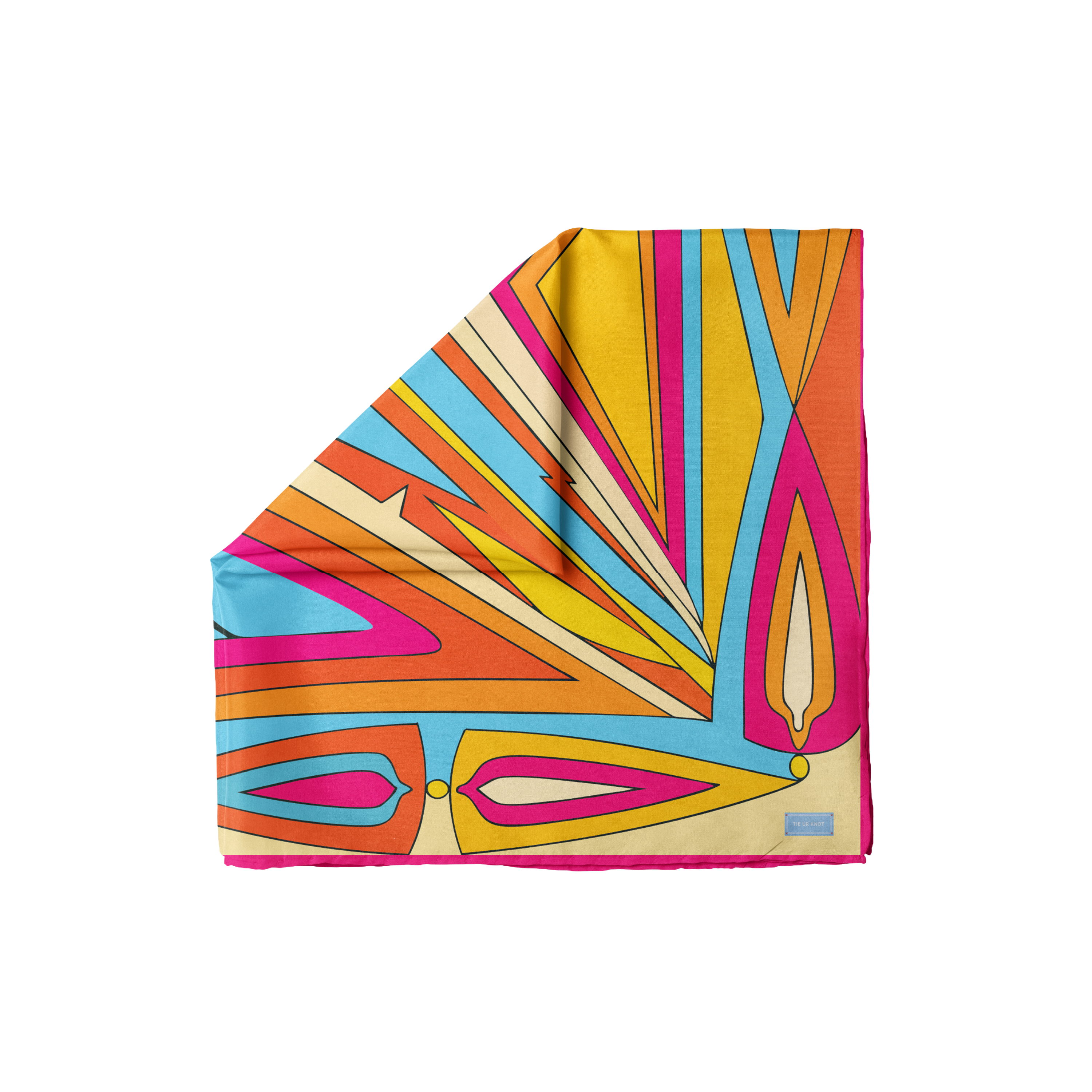 TUK Hot Line Head Scarf with bold retro geometric lines in pink, orange, yellow and blue silk design vibrant abstract pattern.