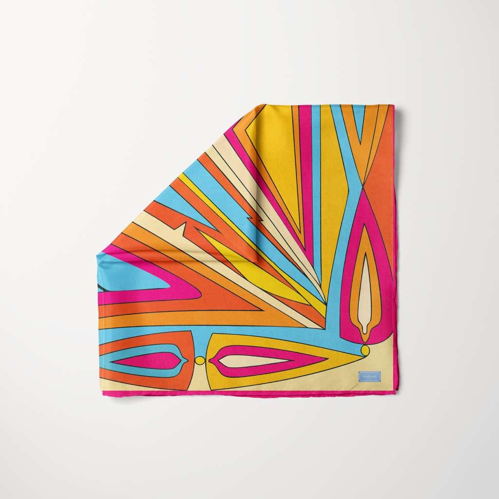 TUK Hot Line Head Scarf with bold retro geometric lines in pink, orange, yellow and blue silk design vibrant abstract pattern.