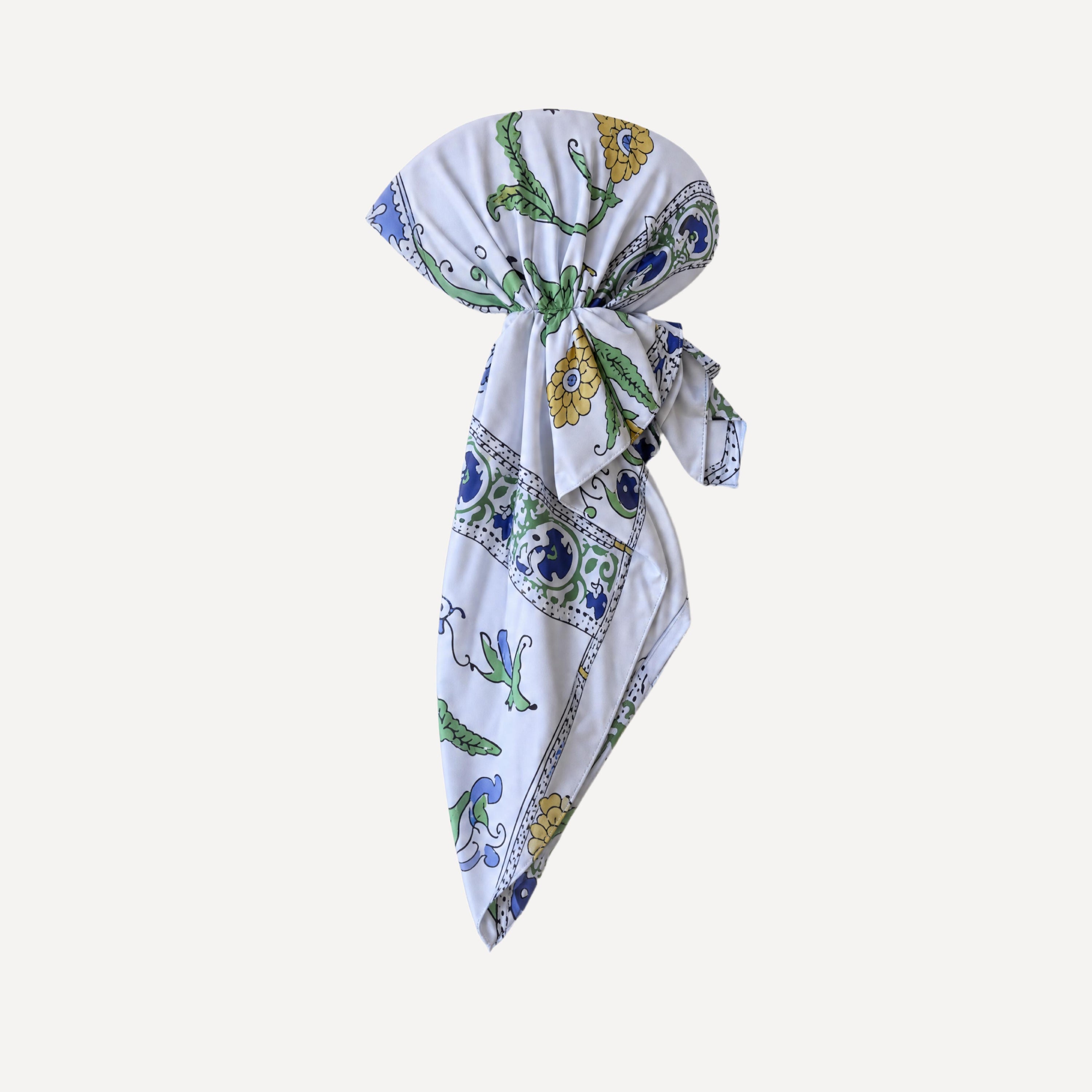 Italian Floral Swim Head Scarf with elegant blue, green, and yellow Mediterranean floral print for chic beach style.