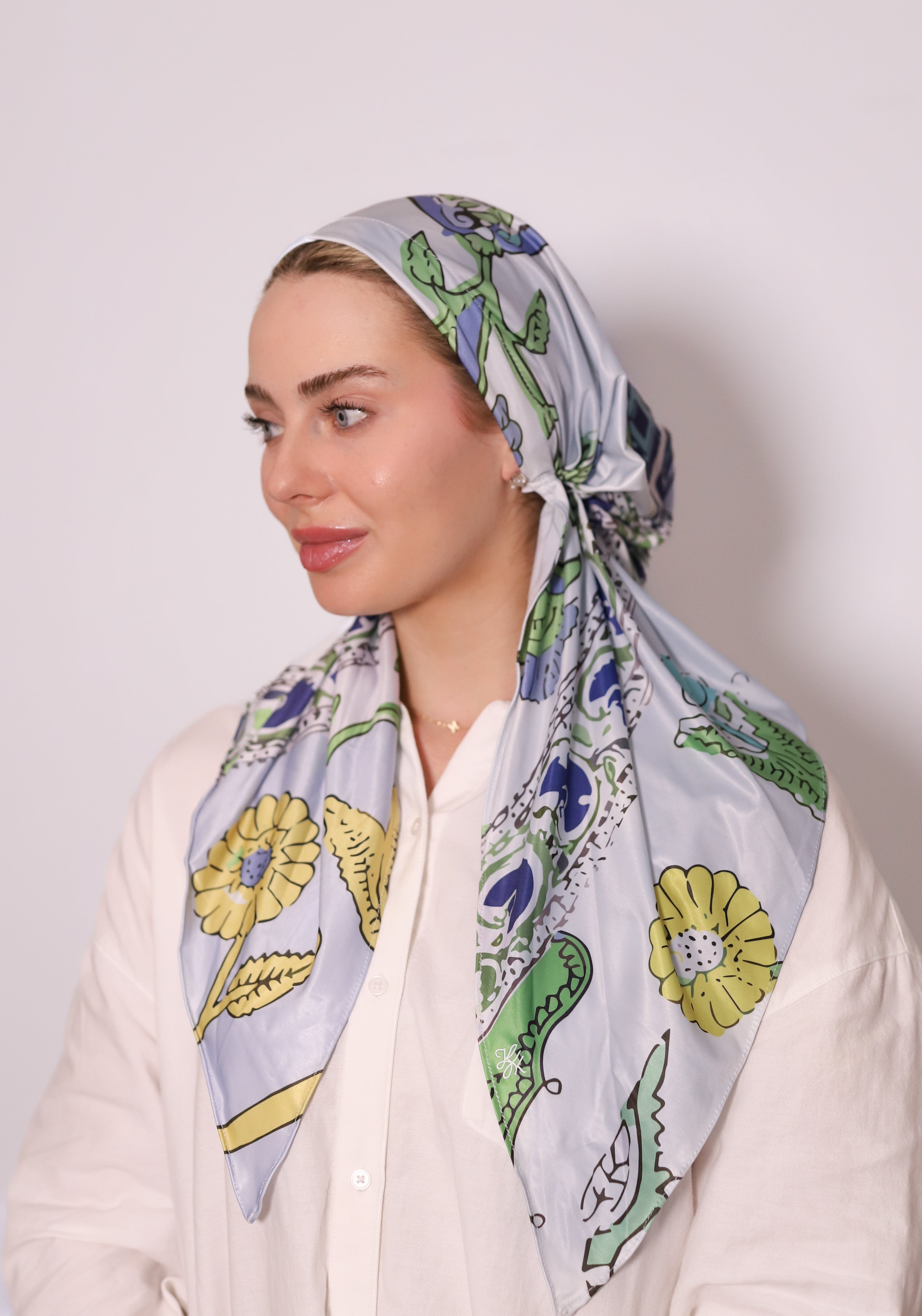 Italian Floral Swim Head Scarf by TUK featuring elegant floral prints on silky fabric, modest UV swimwear head covering.