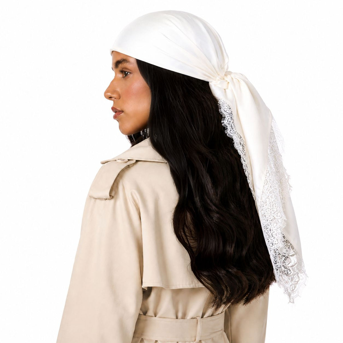 TUK Ivory Lace Trim Silk Head Scarf styled over long hair, featuring smooth ivory silk and delicate floral lace trim at back.
