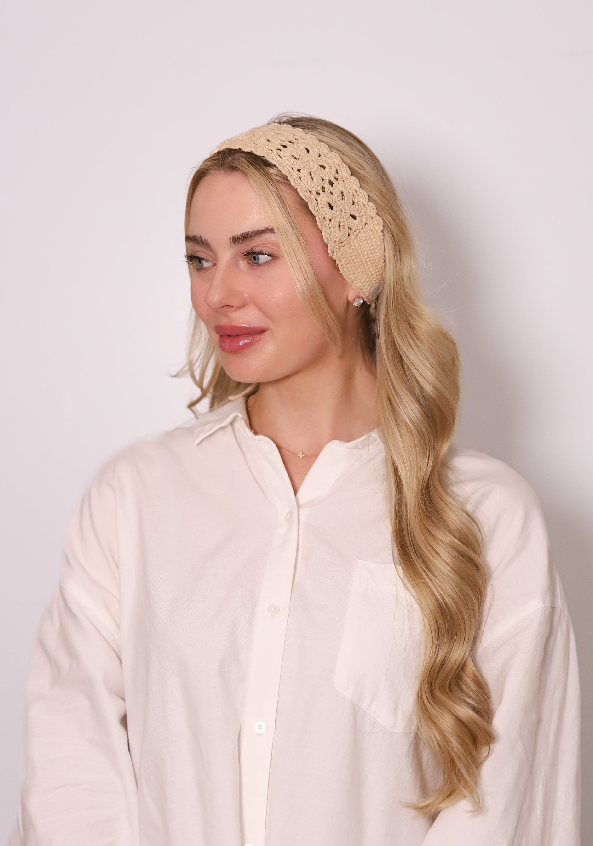 TUK Ivory Crochet Headband – cream crochet headband with delicate open-knit texture, chic boho hair accessory style.