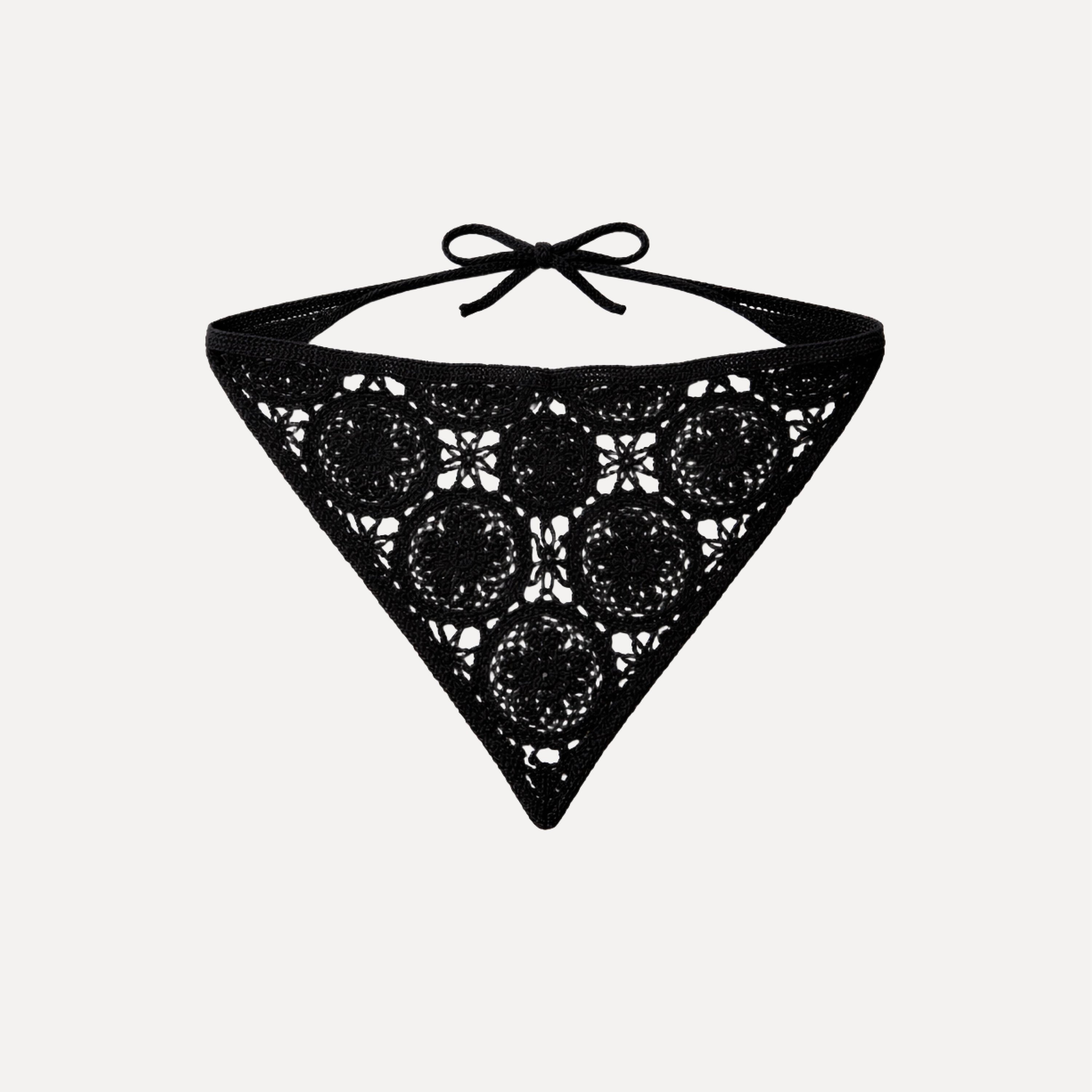 Jet Crochet Bandana by TUK featuring black handmade crochet lace in a triangle boho headscarf with tie closure.