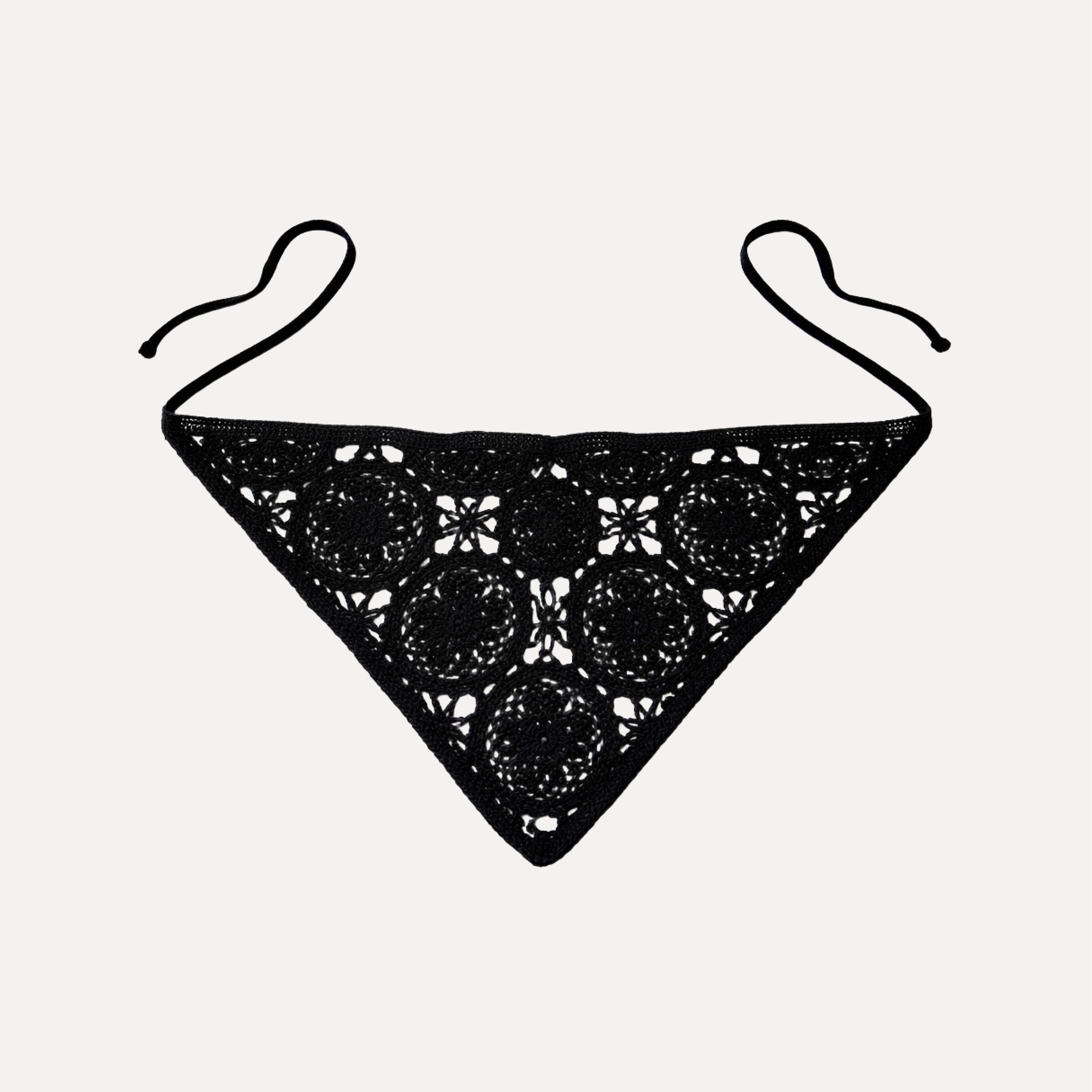 Jet Crochet Bandana by TUK featuring black floral crochet lace in a handmade triangle boho headscarf design.