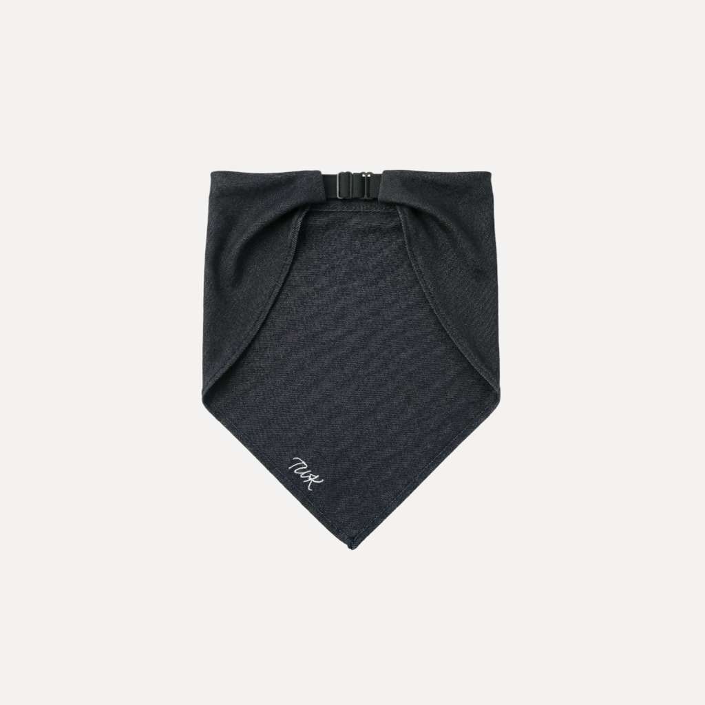 Back view of TUK Jet Denim Bandana in premium black denim featuring an adjustable buckle closure and clean finish.