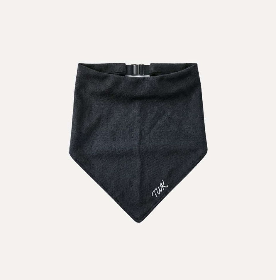 TUK Jet Denim Bandana in black denim with a minimalist design, adjustable buckle closure, and subtle embroidered logo.