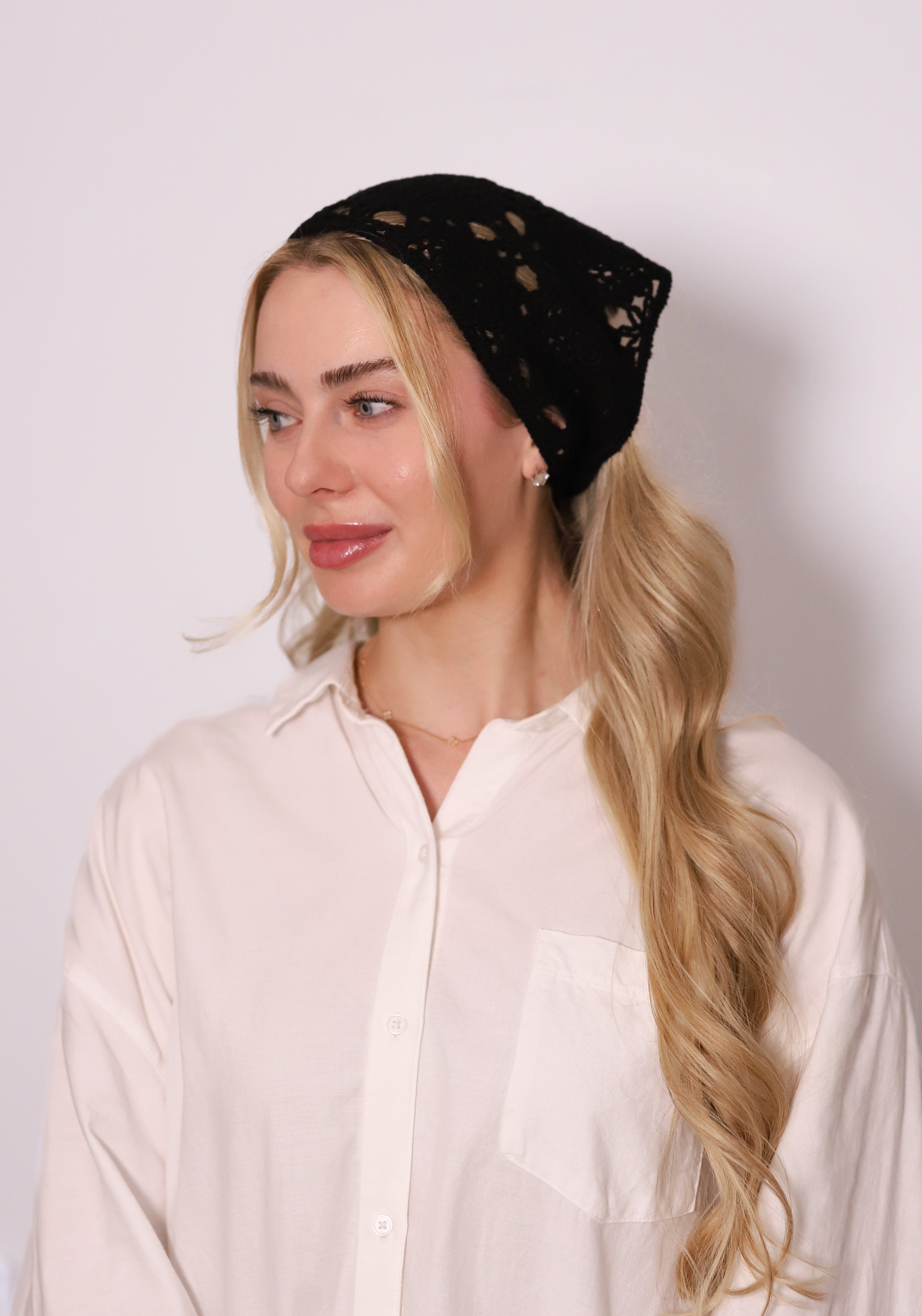 TUK Jet Crochet Bandana – black crochet headscarf with lightweight open-knit design, chic boho hair accessory style.