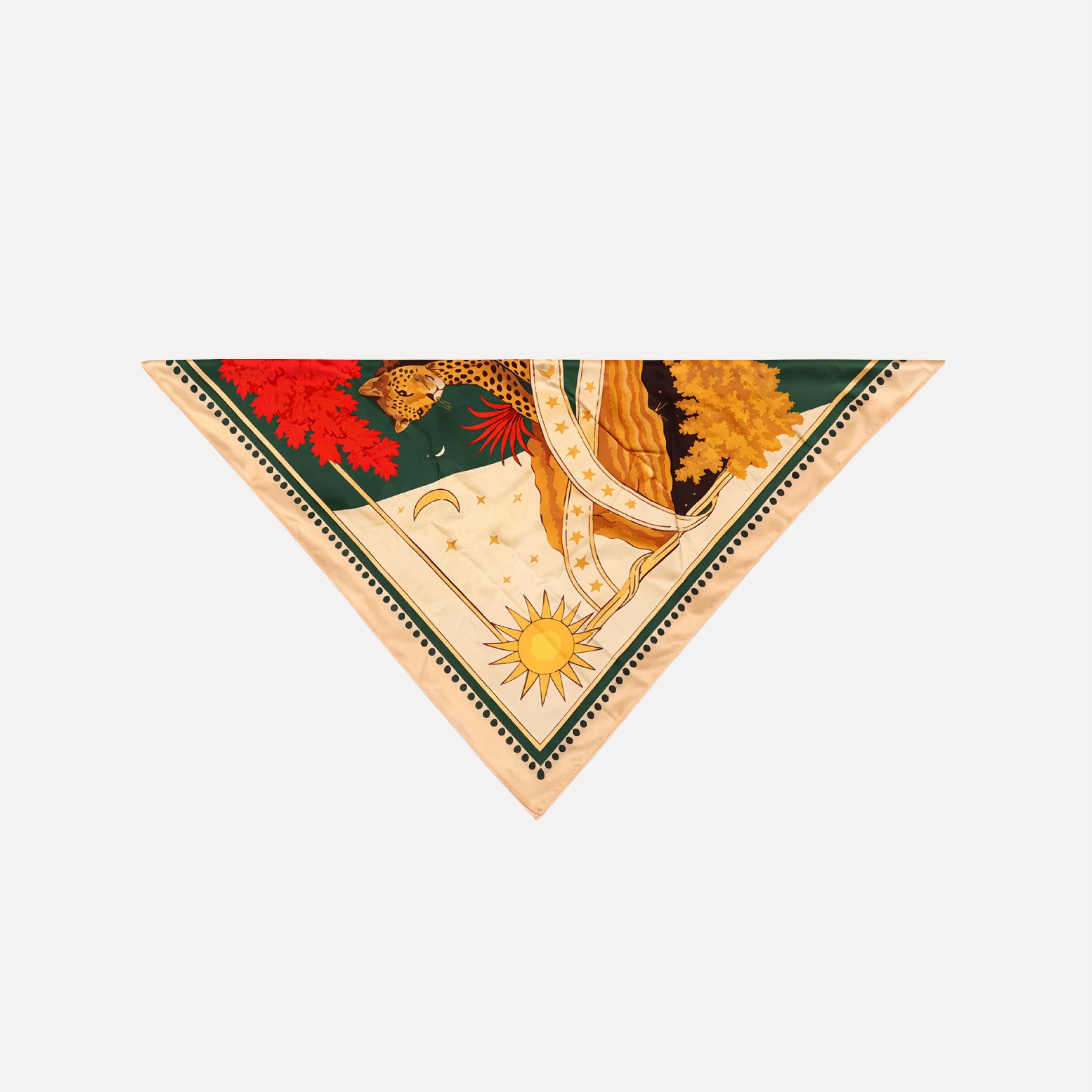 Knot So Tame silk scarf by TUK featuring leopard, sun, stars, and nature print in green and gold tones, luxury square silk headscarf design.