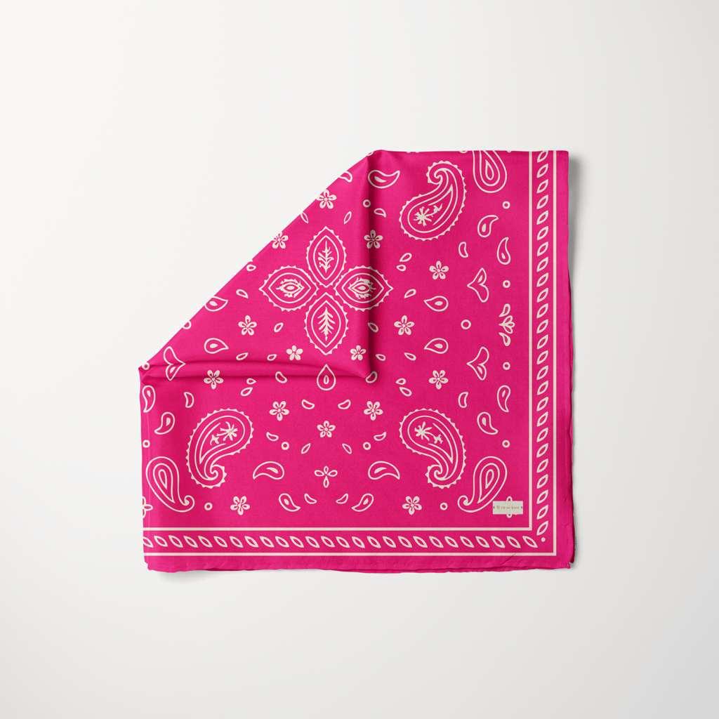 Bright pink paisley headscarf with white bandana print, TUK Knot Today Head Scarf, stylish square fashion accessory.