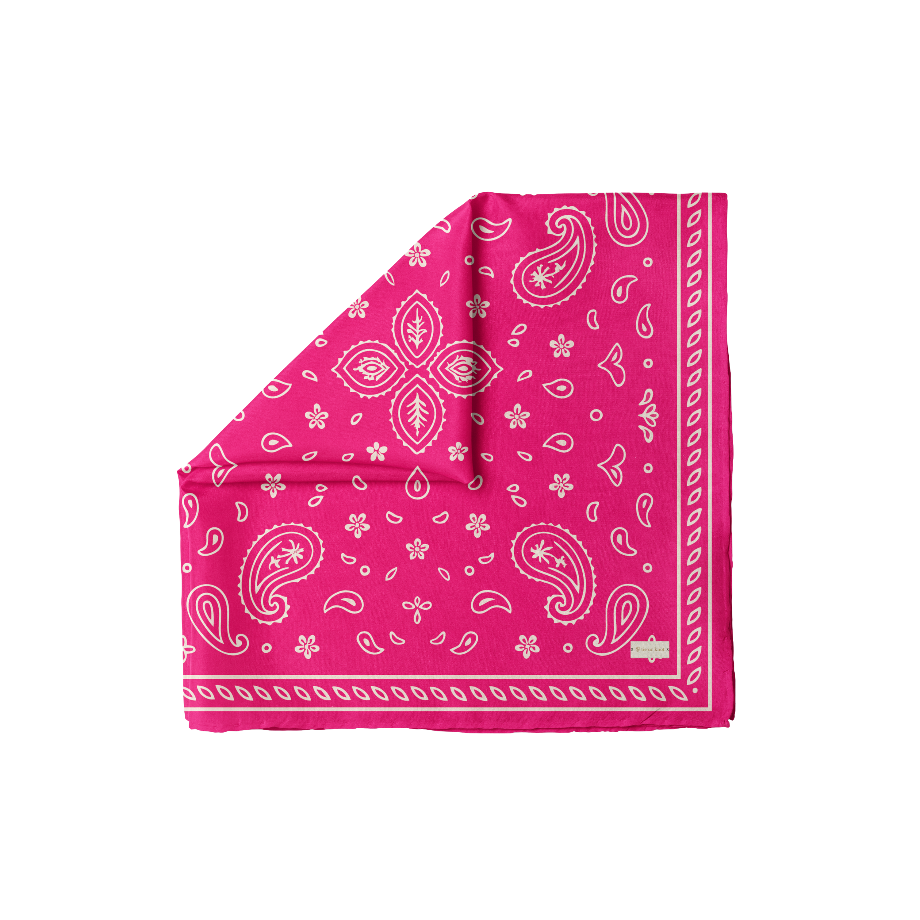 Bright pink paisley headscarf with white bandana print, TUK Knot Today Head Scarf, stylish square fashion accessory.