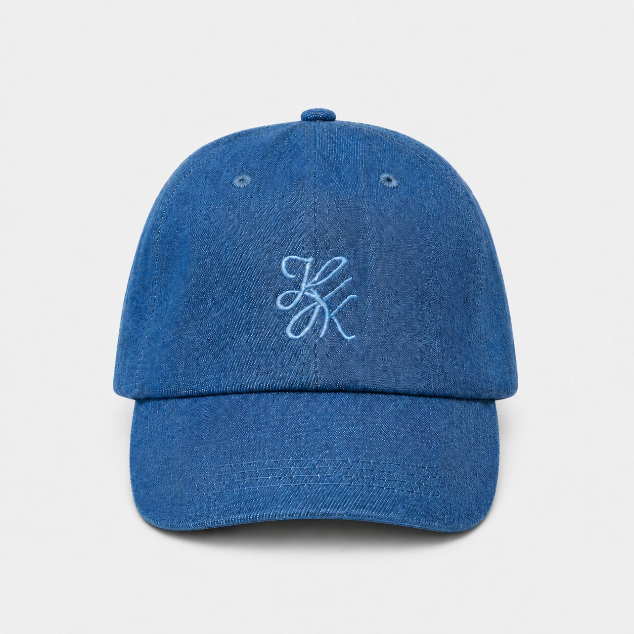 Light Wash Denim Cap by TUK in soft blue washed denim with embroidered logo, classic adjustable baseball cap for everyday wear.