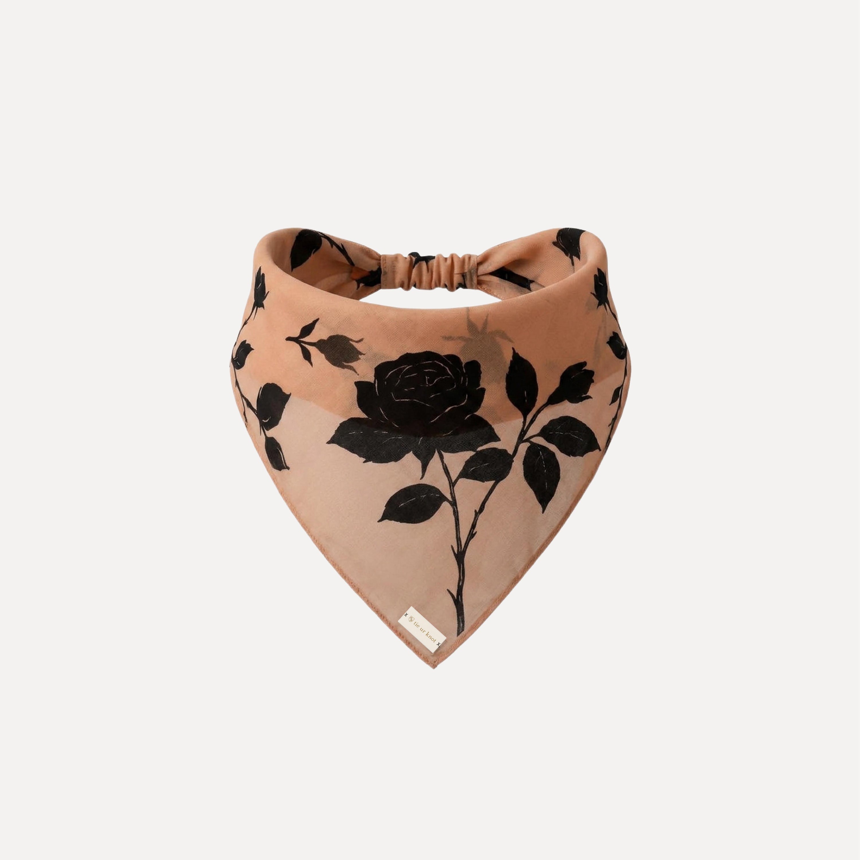 Muted beige headband bandana with black rose floral print, soft romantic neutral hair accessory by TUK, elegant everyday style.