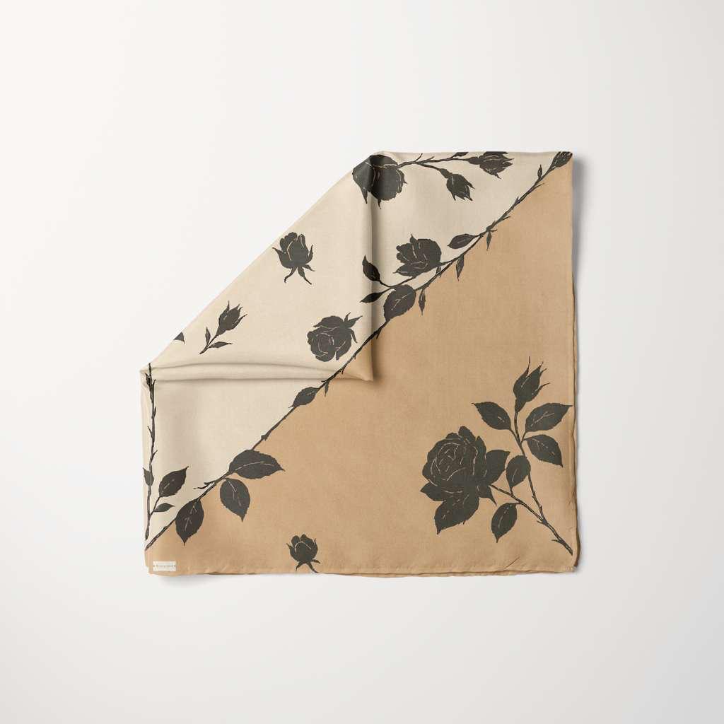 Two-tone beige and ivory headscarf with black floral rose print, reversible design by TUK Love Muted Head Scarf silk squares.