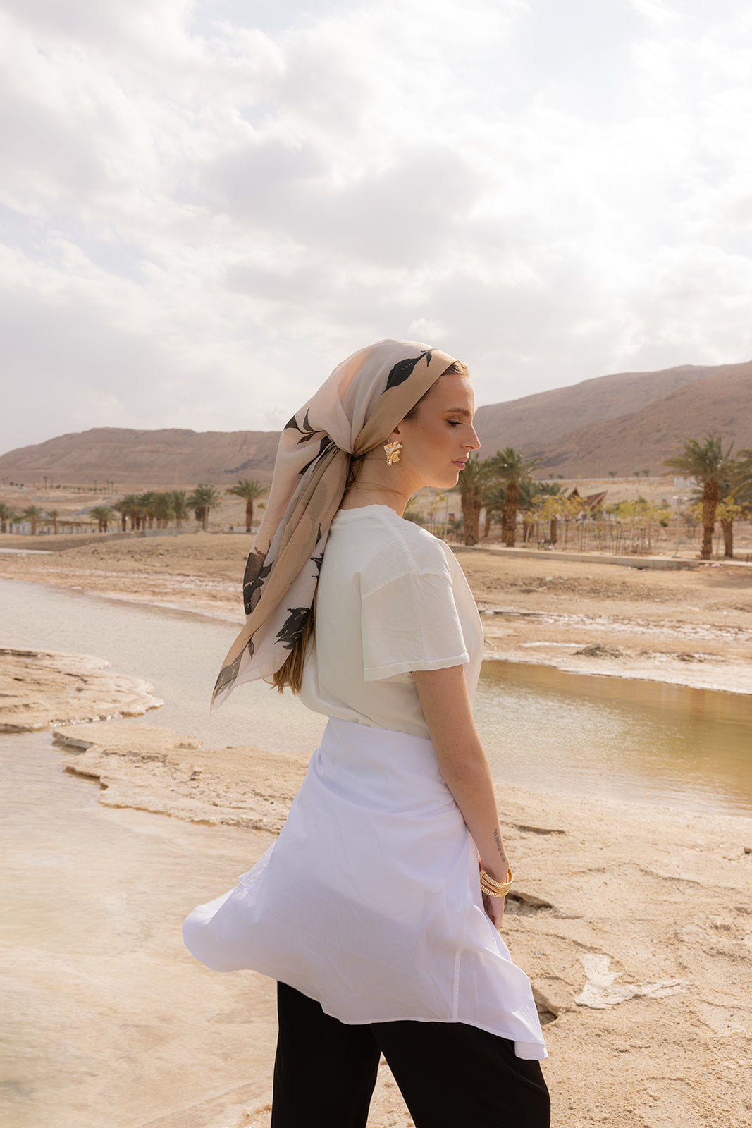 Love, Muted Head Scarf by Tie Ur Knot in a soft neutral floral print, styled elegantly for modest luxury fashion wear.