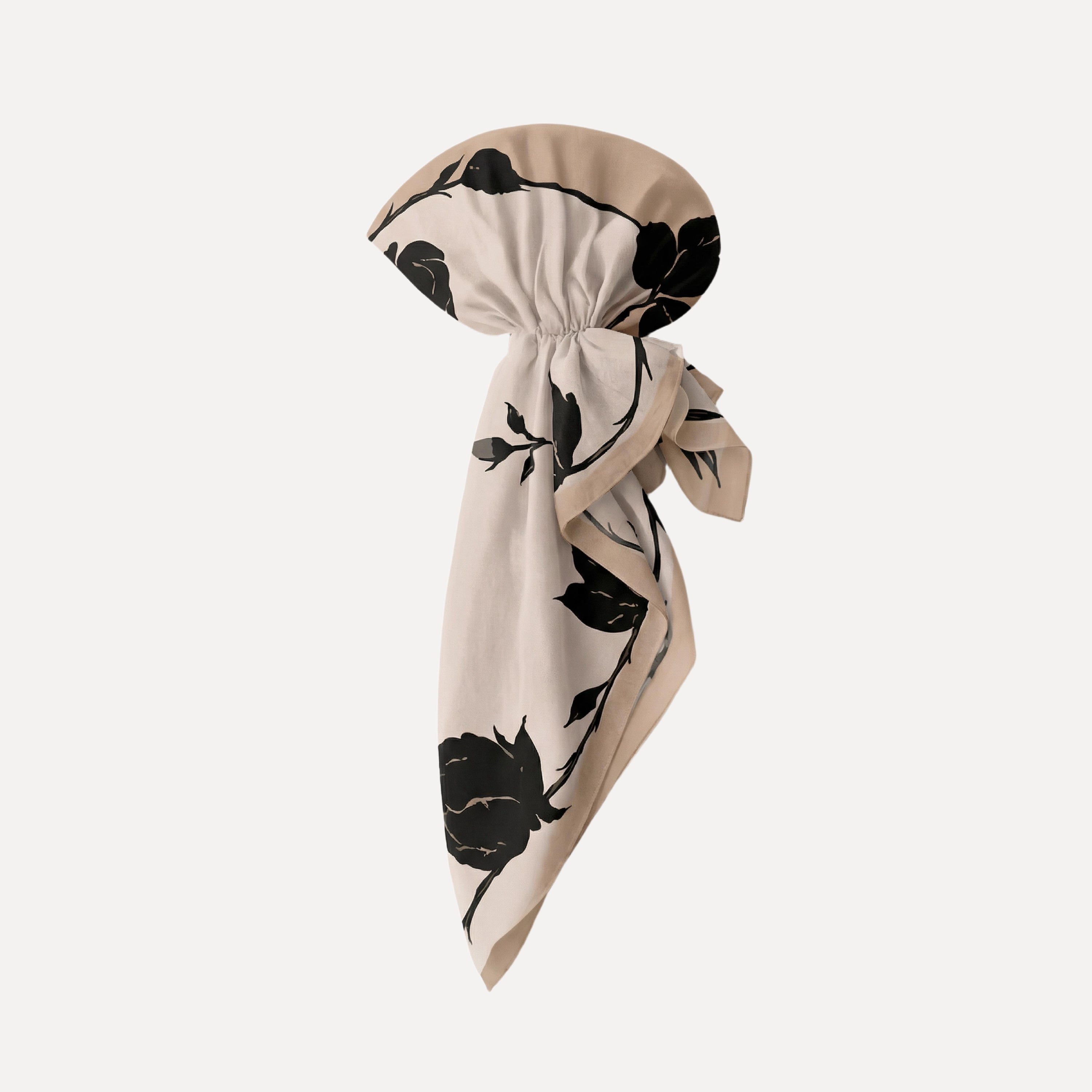 Pre-tied beige and ivory TUK Love Muted Head Scarf with black rose print, elegant floral hair wrap in soft neutral tones.