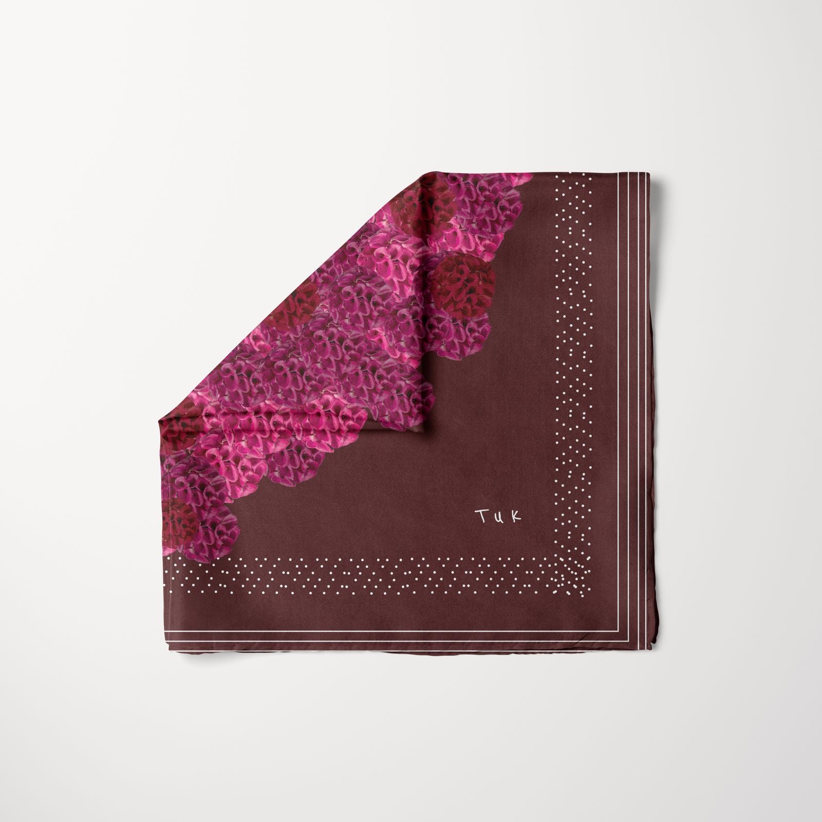 TUK Marooned Head Scarf featuring deep maroon fabric with vibrant magenta floral accents and minimalist dotted border design.