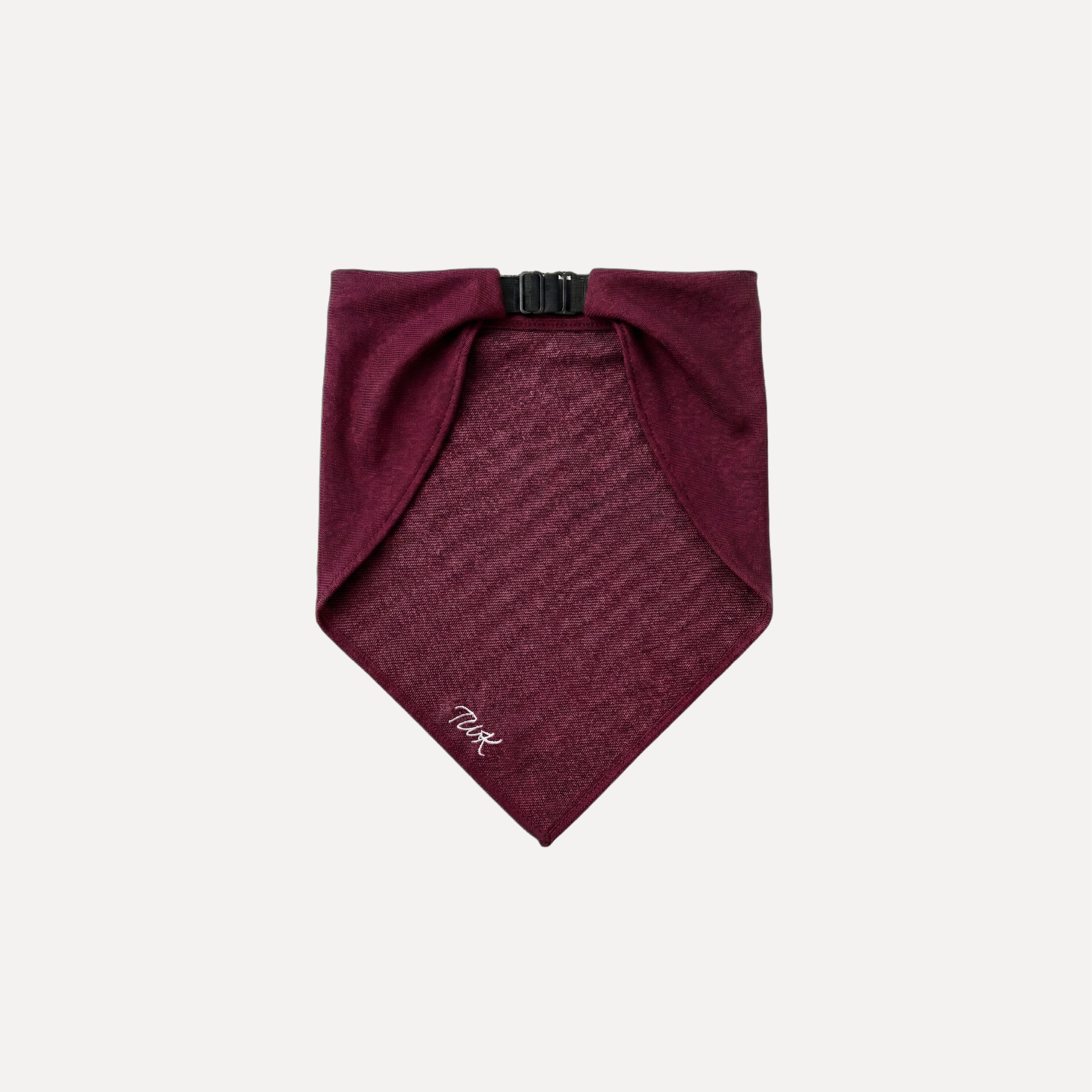 Back view of TUK's Merlot Denim Bandana in rich burgundy denim featuring an adjustable closure and signature embroidery.