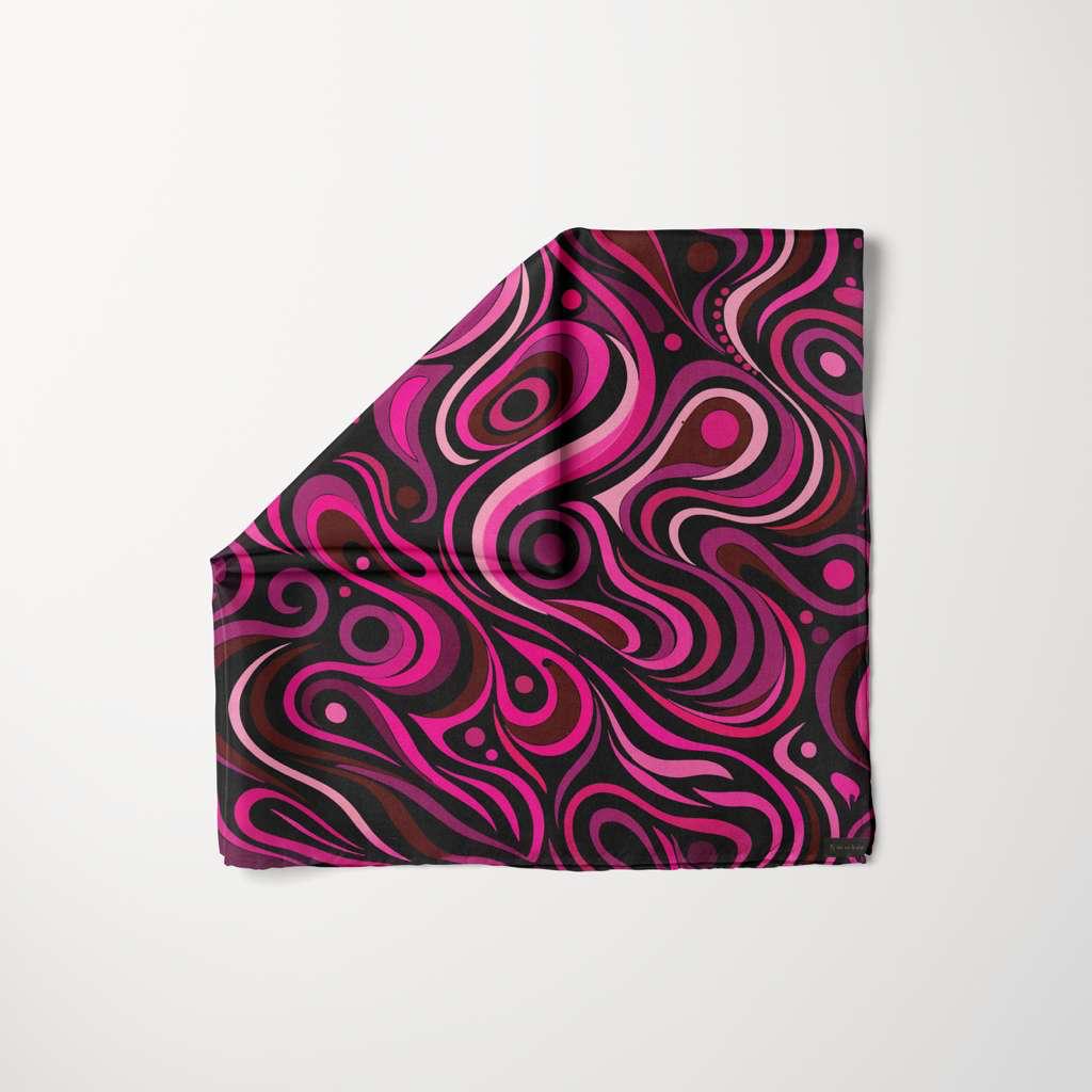 Mind Over Matter head scarf by TUK featuring bold pink, black and brown psychedelic swirl pattern on smooth fabric design.