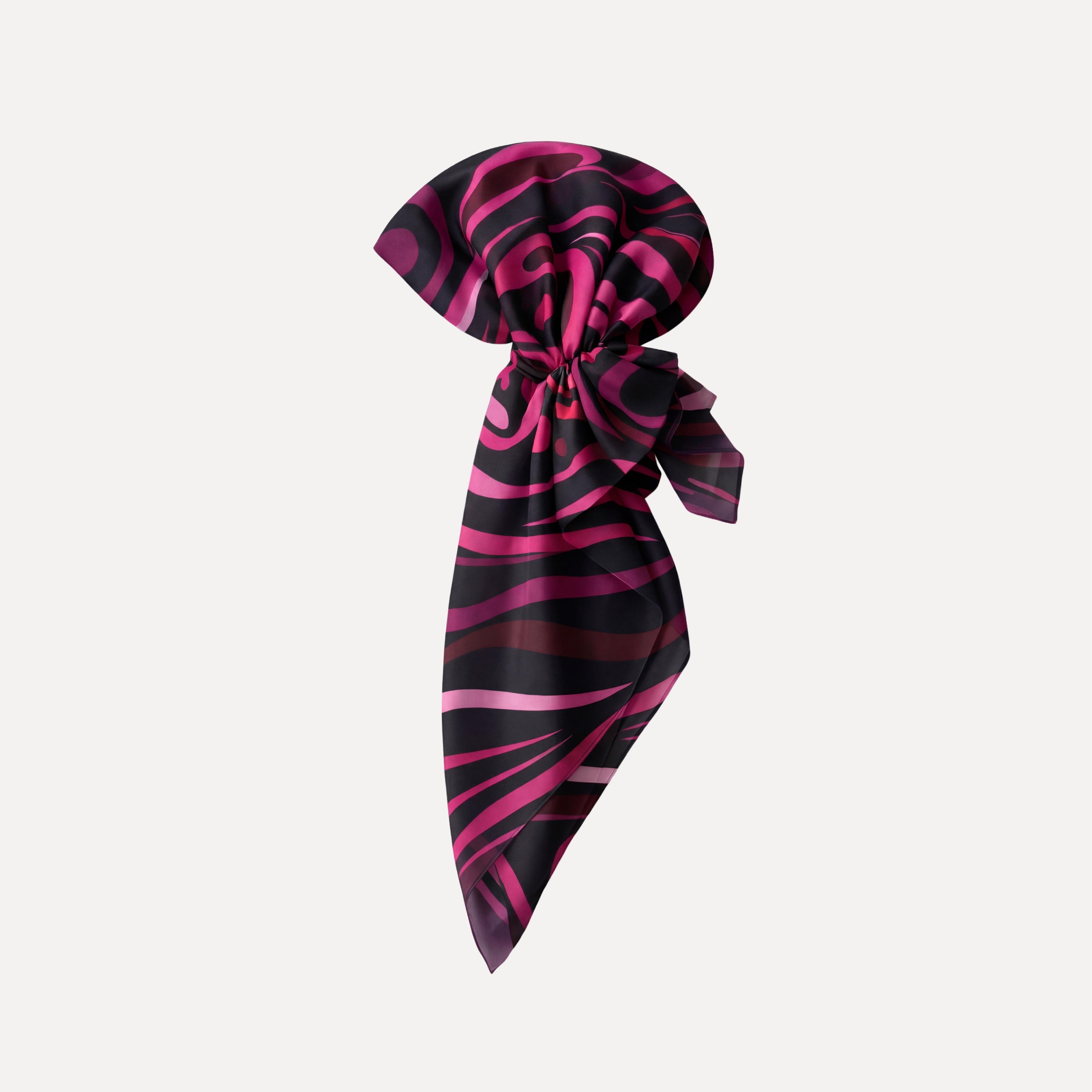 TUK Mind Over Matter Head Scarf in pink and black psychedelic swirl print, pre-tied style, bold retro accessory for statement fashion looks.