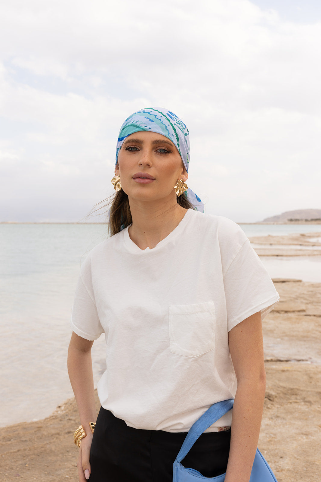 Mint Condition Head Scarf by TUK in fresh blue and mint tones, styled with a white tee for an elegant coastal look.