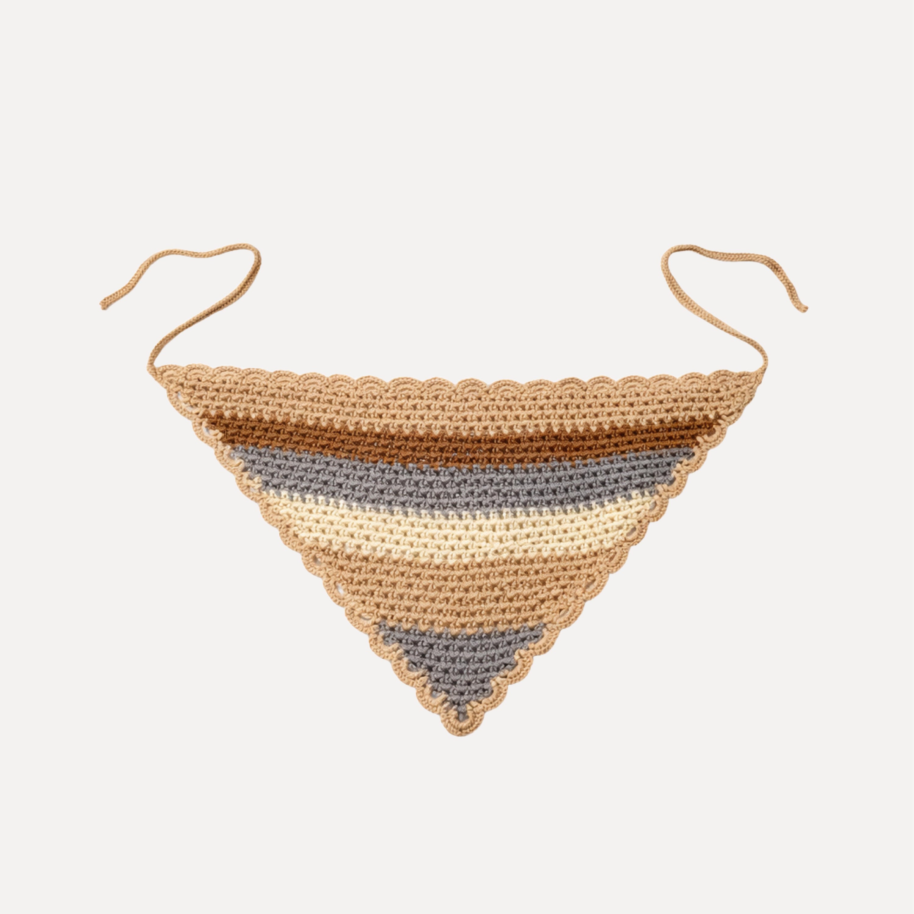 Handmade Natural Crochet Bandana by TUK in neutral striped tones with scalloped edges, lightweight boho tie-back headscarf.