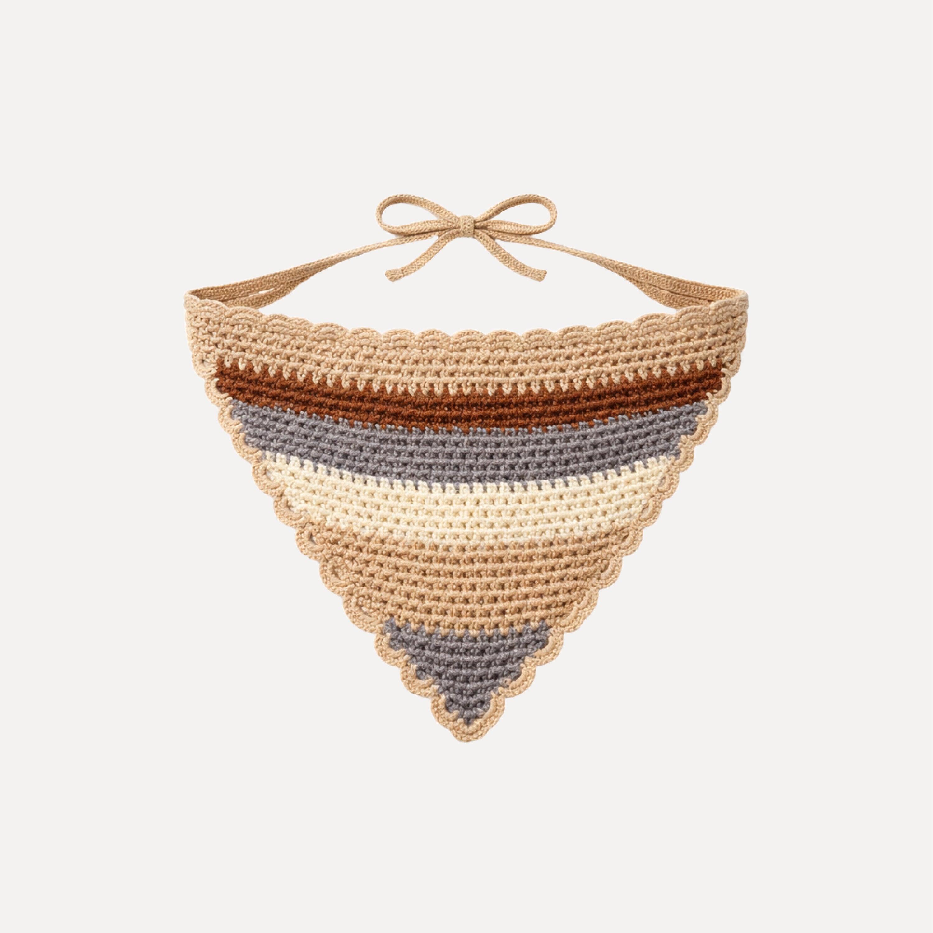Handmade natural crochet bandana in neutral striped tones with scalloped edges and tie-back design, boho summer headscarf.
