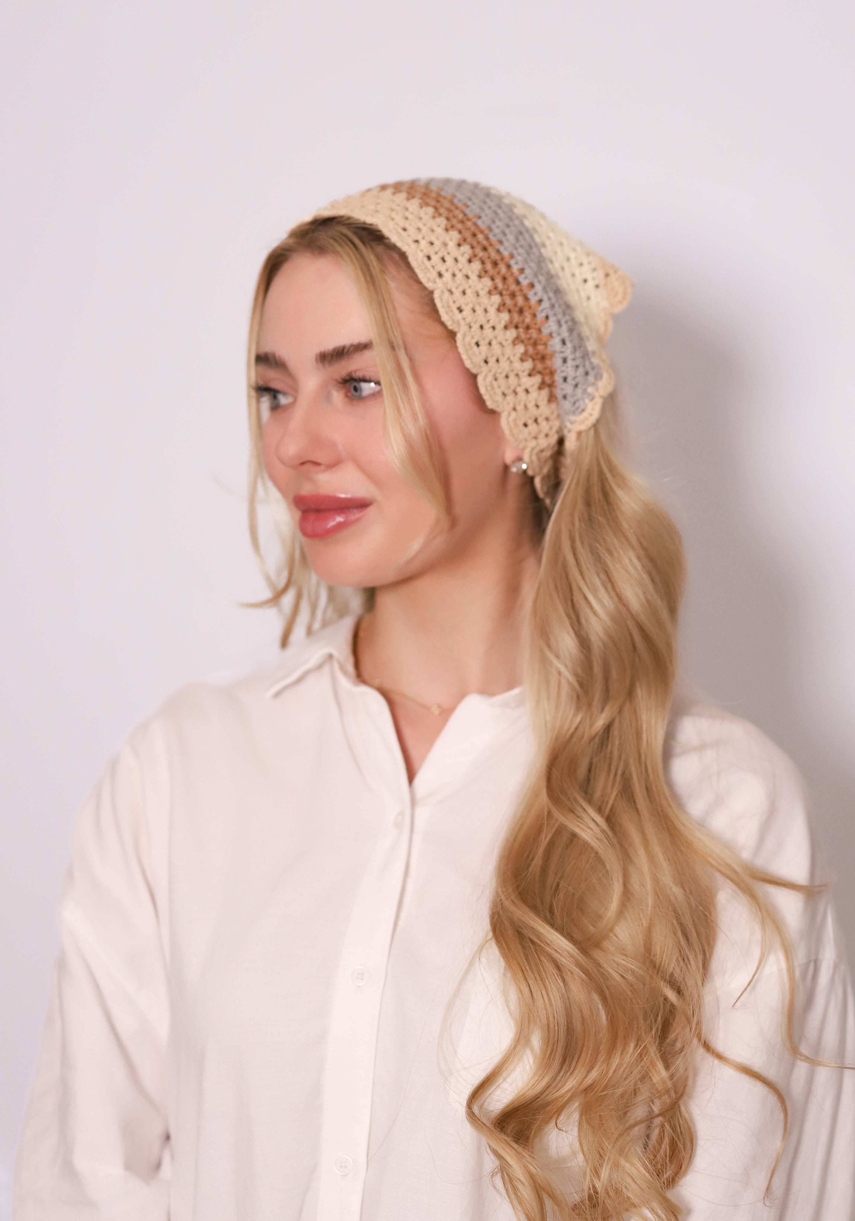 TUK Natural Crochet Bandana – neutral striped crochet headscarf in cream, beige and gray, boho hair accessory style.
