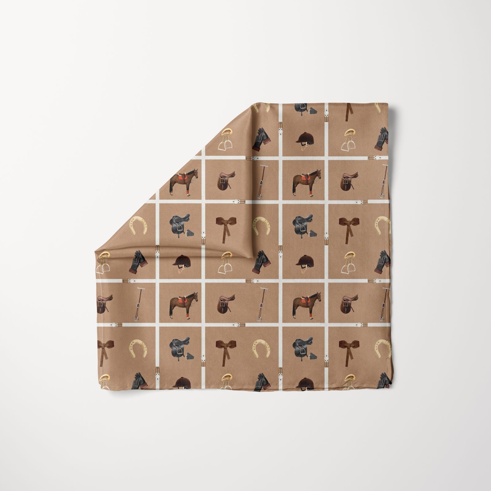 Brown square-patterned scarf with equestrian-themed illustrations including horses, saddles, stirrups, riding helmets, gloves, horsewhips, bows, and horseshoes arranged in a grid design on a beige background.