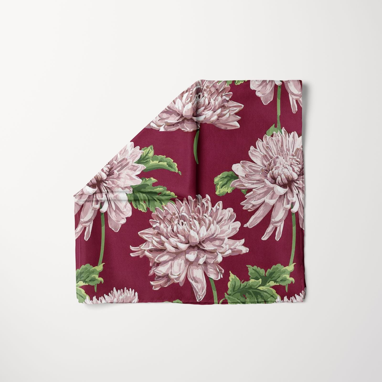 TUK Ornamental Head Scarf with bold burgundy base, adorned with elegant chrysanthemum floral patterns and green foliage accents.