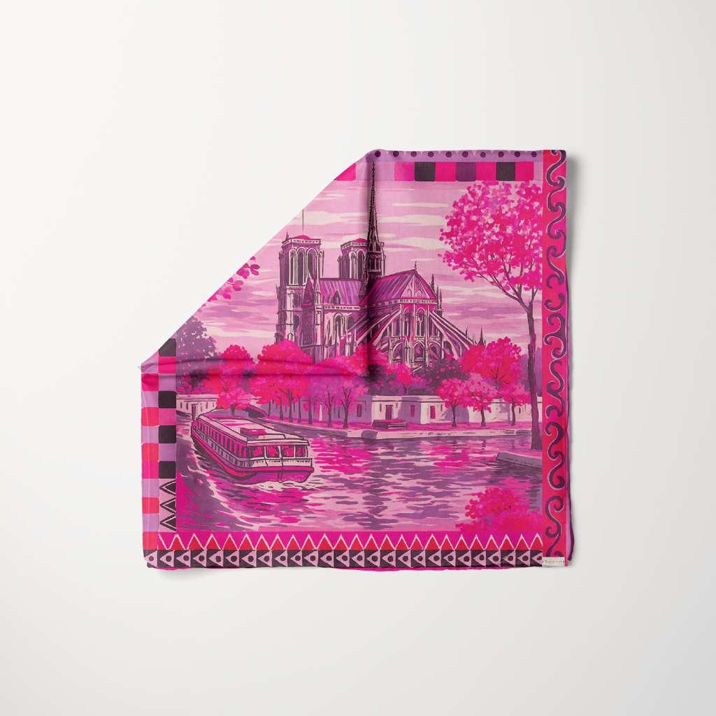 Pink Paris cityscape head scarf featuring Notre Dame, riverboat and trees, romantic French aesthetic by TUK, Pardon My French design.