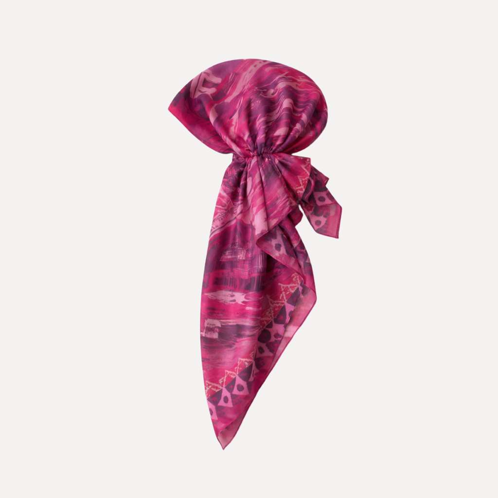 TUK Pardon My French Pre Tie headscarf in pink abstract print, pre-tied head wrap accessory, stylish retro hair scarf fashion.