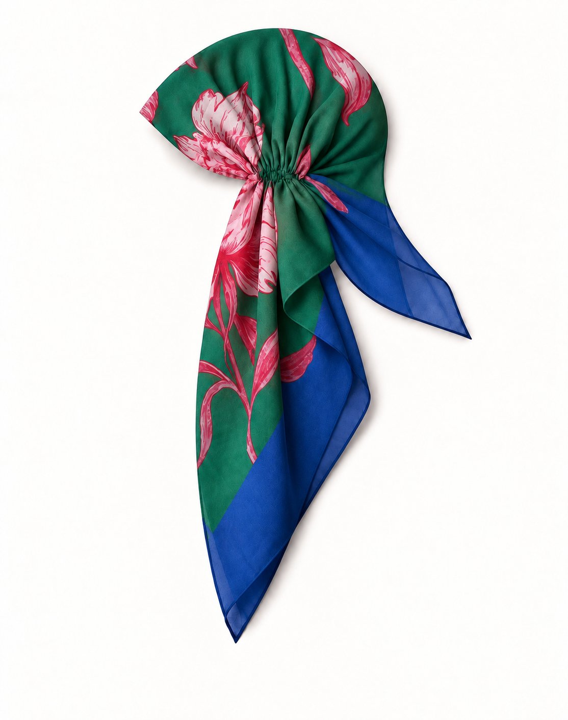 TUK Peony For Your Thoughts Head Scarf with pink floral print on emerald green, gathered back and flowing sheer royal blue tails.